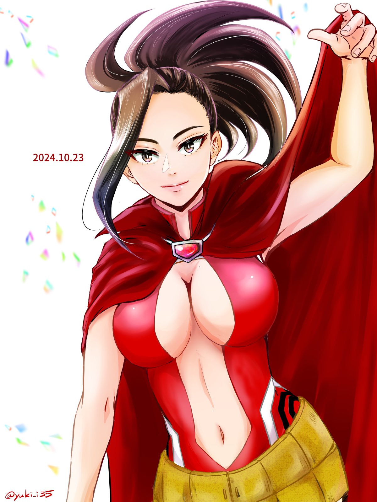yuki (m35), yaoyorozu momo, boku no hero academia, hashtag-only commentary, highres, 1girl, artist name, black hair, breasts, cape, center opening, cleavage, closed mouth, dated, large breasts, leotard, long hair, looking at viewer, navel, open clothes, open leotard, ponytail, red cape, red leotard, smile, solo, twitter username