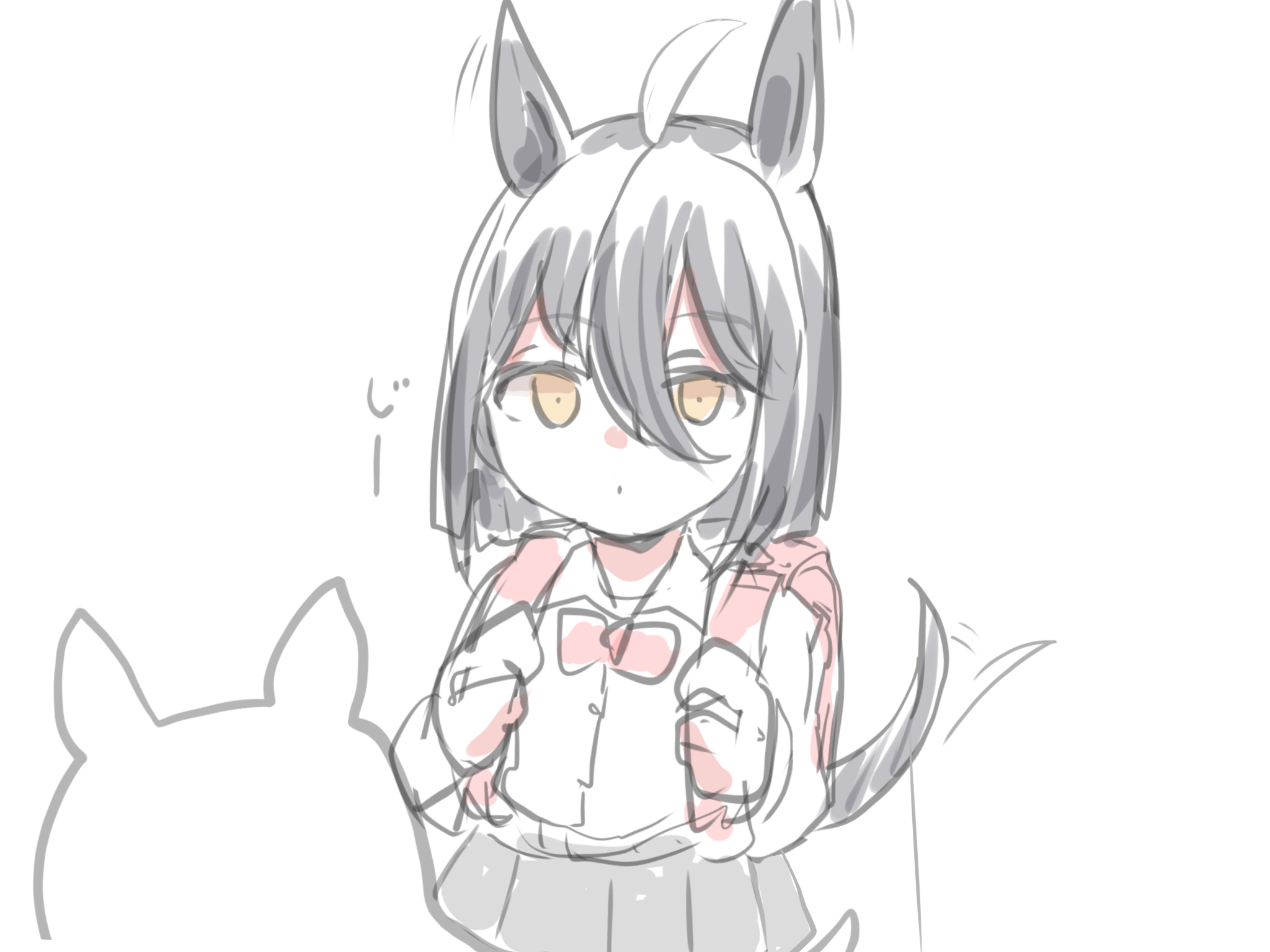 kawamochi (tddm3573), manhattan cafe (umamusume), umamusume, highres, translation request, 1girl, afterimage, aged down, ahoge, animal ears, backpack, bag, black hair, bow, bowtie, brown eyes, closed mouth, collared shirt, dress shirt, grey skirt, hands up, horse ears, horse girl, horse tail, multicolored hair, pleated skirt, randoseru, red bow, red bowtie, shirt, skirt, solo, tail, tail wagging, two-tone hair, white background, white hair, white shirt