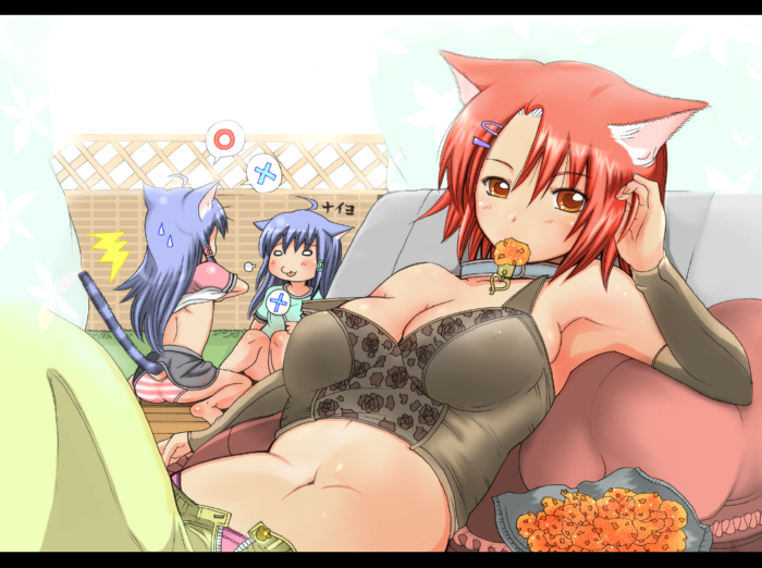 shiina you (tomoshibi), original, translated, 3girls, ahoge, animal ears, armpits, ass, breasts, bustier, cat ears, cat tail, clothes lift, collar, detached sleeves, hair ornament, hairclip, large breasts, letterboxed, lingerie, long hair, midriff, mouth hold, multiple girls, navel, panties, red hair, shirt lift, short hair, siblings, sisters, striped clothes, striped panties, tail, twins, underwear, unzipped, yellow eyes