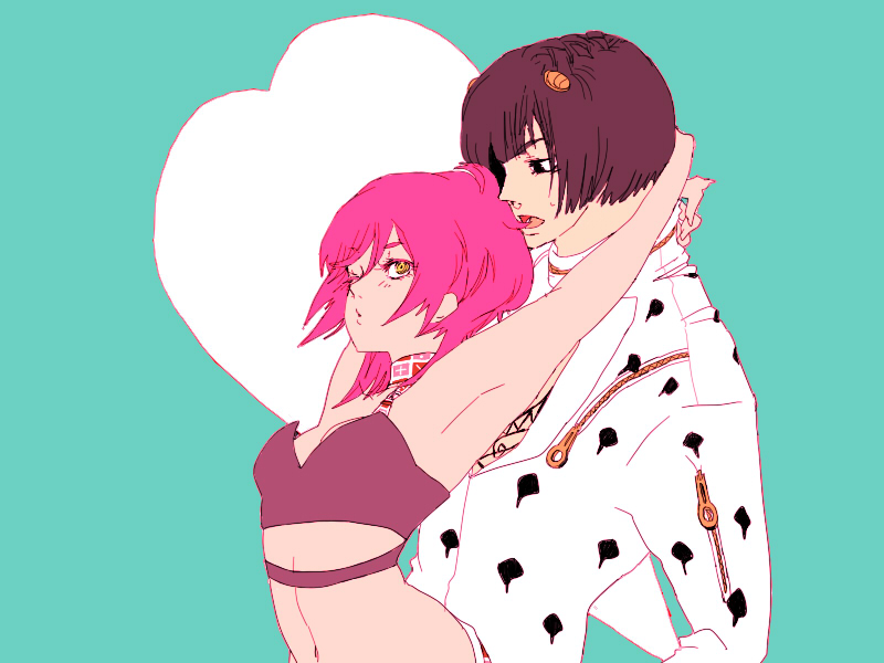 negitoroberry, sora ryou, bruno bucciarati, trish una, jojo no kimyou na bouken, vento aureo, bad id, bad pixiv id, 1boy, 1girl, armpits, black eyes, blue background, couple, hair ornament, hairclip, heart, hetero, hug, hug from behind, midriff, navel, one eye closed, open mouth, pink hair, short hair, simple background, sweatdrop, wink, yellow eyes, zipper