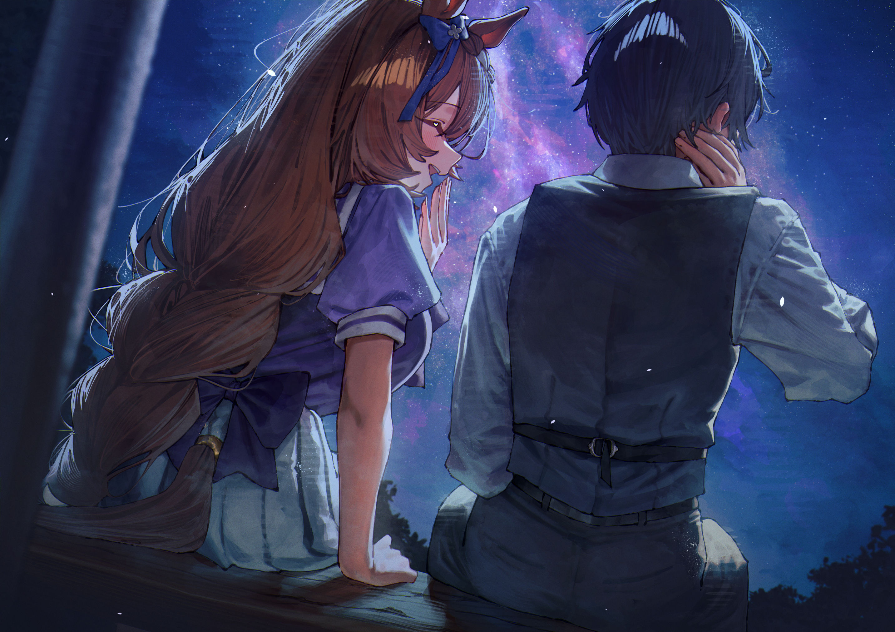 betabeet, super creek (umamusume), trainer (umamusume), umamusume, commentary, highres, 1boy, 1girl, animal ears, black hair, blush, bow, braid, brown hair, closed eyes, couple, ear bow, from behind, hair ornament, horse ears, horse girl, horse tail, laughing, long hair, looking at another, night, night sky, open mouth, outdoors, school uniform, sitting, skirt, sky, smile, star (sky), starry sky, tail, tree