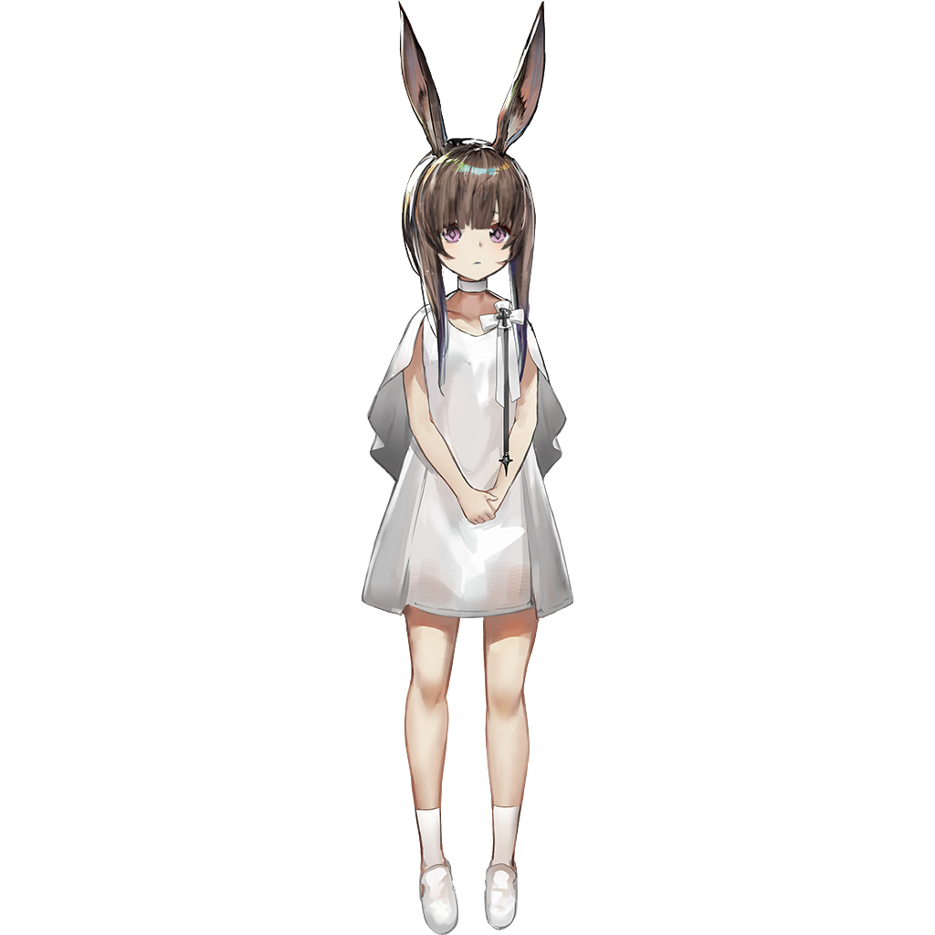amiya (arknights), amiya (young) (arknights), theresa (arknights), arknights, official art, revision, third-party source, 1girl, aged down, animal ears, ankle socks, bare arms, bare legs, blunt bangs, brown hair, capelet, choker, closed mouth, diamond-shaped pupils, diamond (shape), dress, full body, long bangs, looking at viewer, official alternate costume, official alternate eye color, own hands together, pink eyes, possessed, purple eyes, rabbit ears, rabbit girl, short hair with long locks, sidelocks, simple background, slippers, socks, solo, standing, symbol-shaped pupils, tachi-e, transparent background, white capelet, white choker, white dress, white slippers, white socks