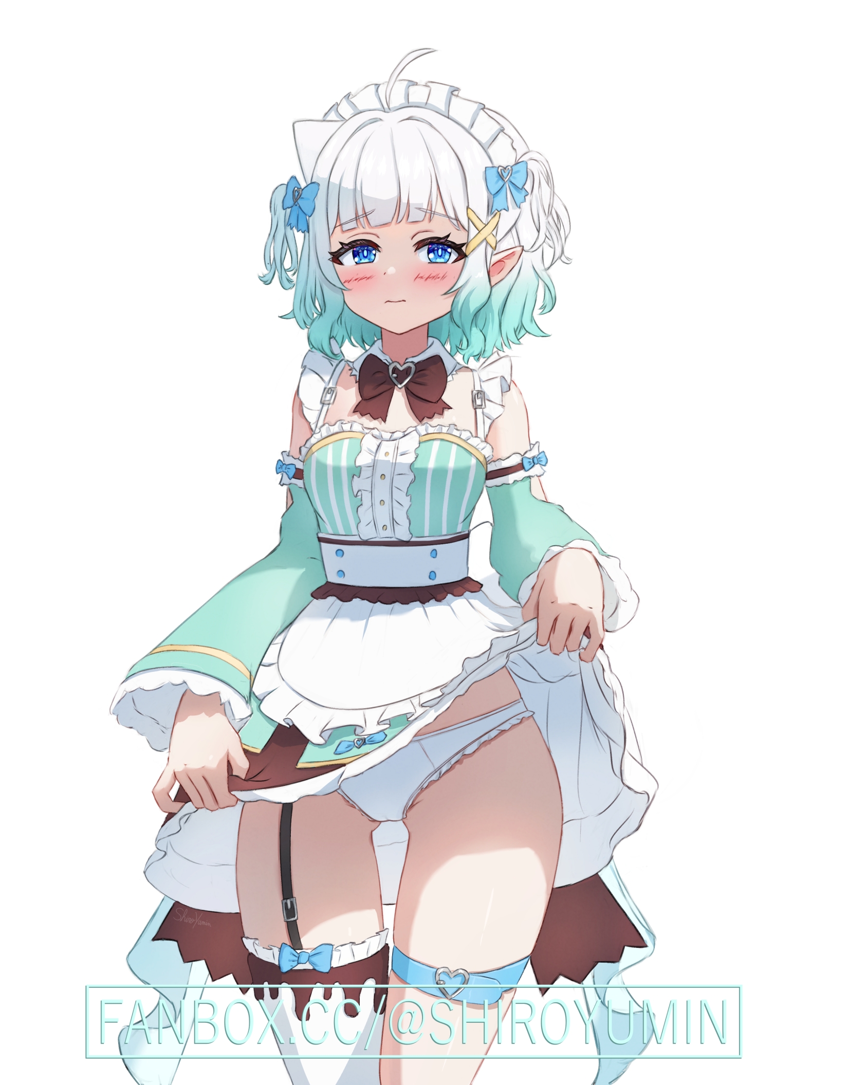 shiroyumin, mint fantome, mint fantome (minto 2.0), indie virtual youtuber, highres, 1girl, ahoge, blue eyes, blush, breasts, dress, frilled panties, frills, gradient hair, green dress, green sleeves, maid, maid headdress, multicolored hair, panties, pointy ears, short hair, small breasts, thighs, triangular headpiece, underwear, virtual youtuber, white hair, white headdress, white panties