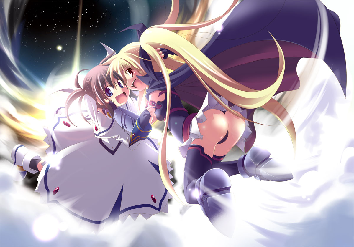 kazekawa nagi, fate testarossa, fate testarossa (lightning form), takamachi nanoha, takamachi nanoha (sacred mode), lyrical nanoha, mahou shoujo lyrical nanoha, mahou shoujo lyrical nanoha a's, 00s, 2girls, ass, blonde hair, blue eyes, brown hair, fingerless gloves, gloves, long hair, multiple girls, red eyes, star (symbol), thighhighs, twintails