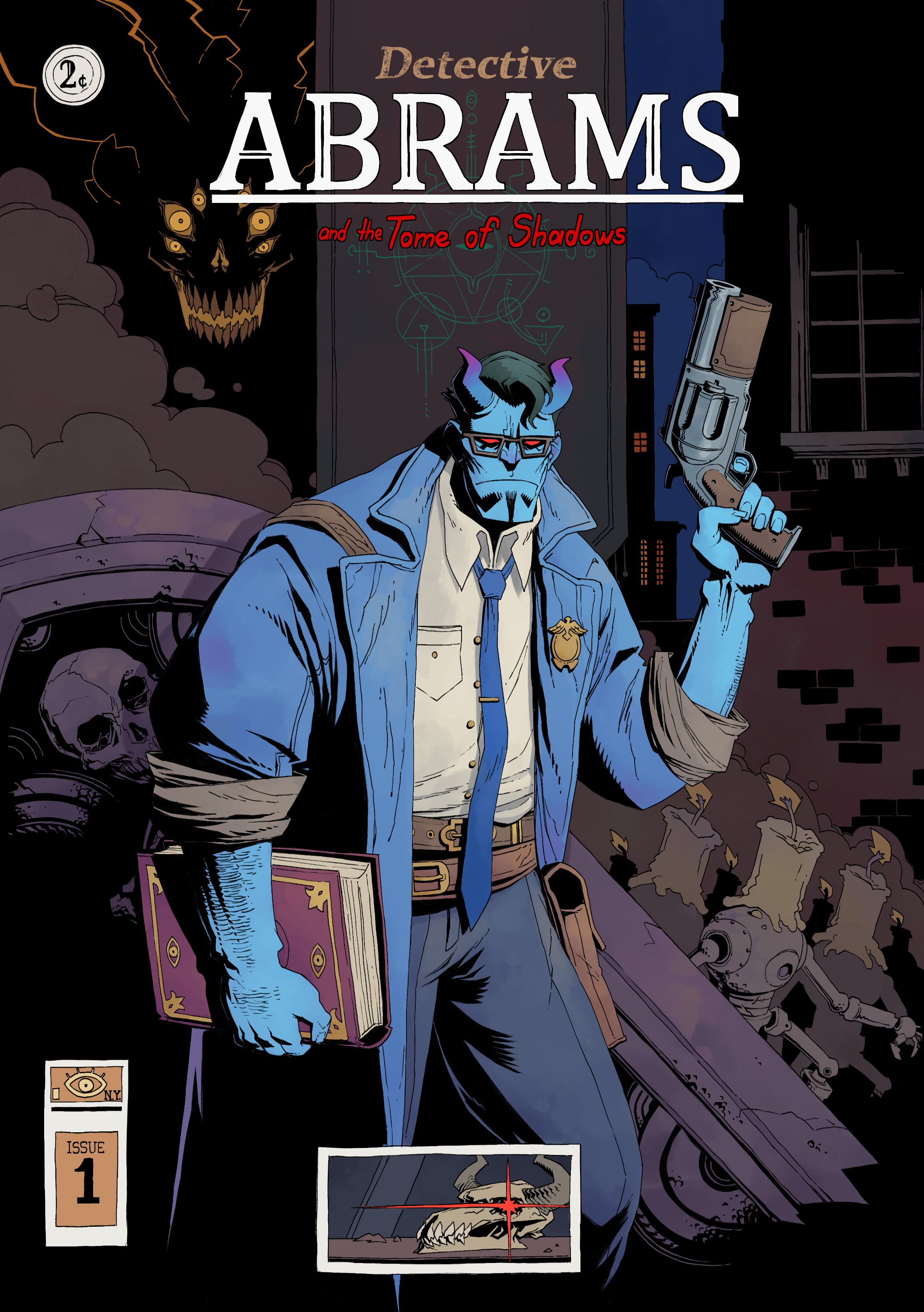 roving neophyte, abrams (deadlock), deadlock (game), absurdres, comic cover, highres, 1boy, arm hair, blue coat, blue necktie, book, candle, coat, collared shirt, demon boy, demon horns, frown, glasses, gun, holding, holding book, holding gun, holding weapon, holster, horns, mike mignola (style), necktie, outdoors, pants, police badge, red eyes, shirt, skull, trench coat, weapon, white shirt, window
