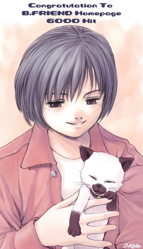 orebalgum, original, archived source, commentary request, korean commentary, second-party source, 1girl, animal, animal collar, baby animal, bell, black collar, black eyes, black fur, cat, closed eyes, collar, collared shirt, colorpoint, english text, gift art, grey hair, grin, holding, holding animal, holding cat, impasto, kitten, long sleeves, looking at another, milestone celebration, neck bell, nostrils, open clothes, open shirt, orange background, pale color, parted lips, pink shirt, pink sleeves, shirt, short hair, siamese cat, signature, sleeve cuffs, smile, teeth, unbuttoned, unbuttoned shirt, upper body, warm colored, whiskers, white cat, white fur, white shirt, wing collar