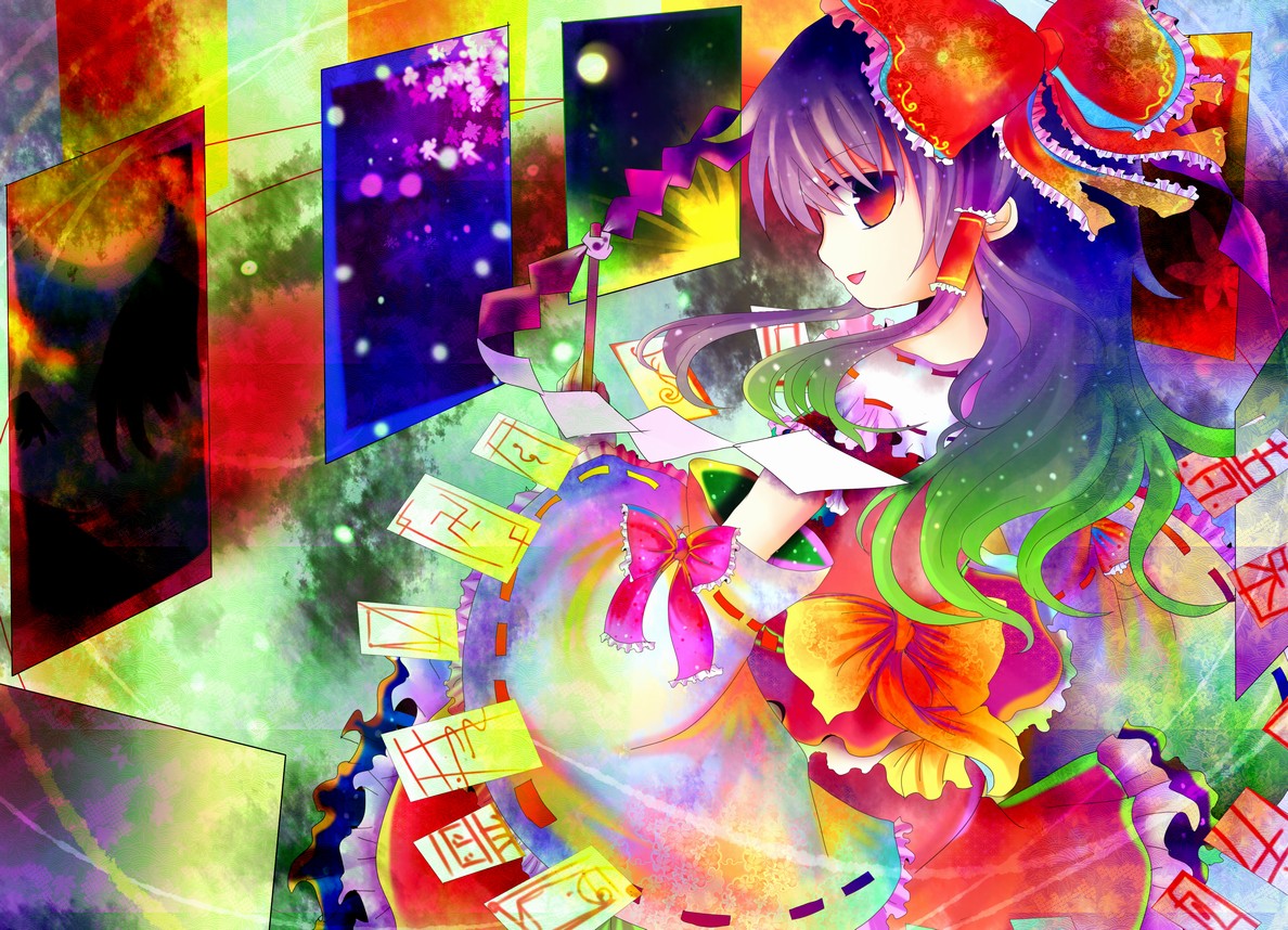 kazu (muchuukai), hakurei reimu, touhou, bad id, bad pixiv id, 1girl, alternate hair color, bow, collared shirt, colorful, detached sleeves, female focus, gohei, hair bow, japanese clothes, miko, ofuda, ribbon, shirt, skirt, solo