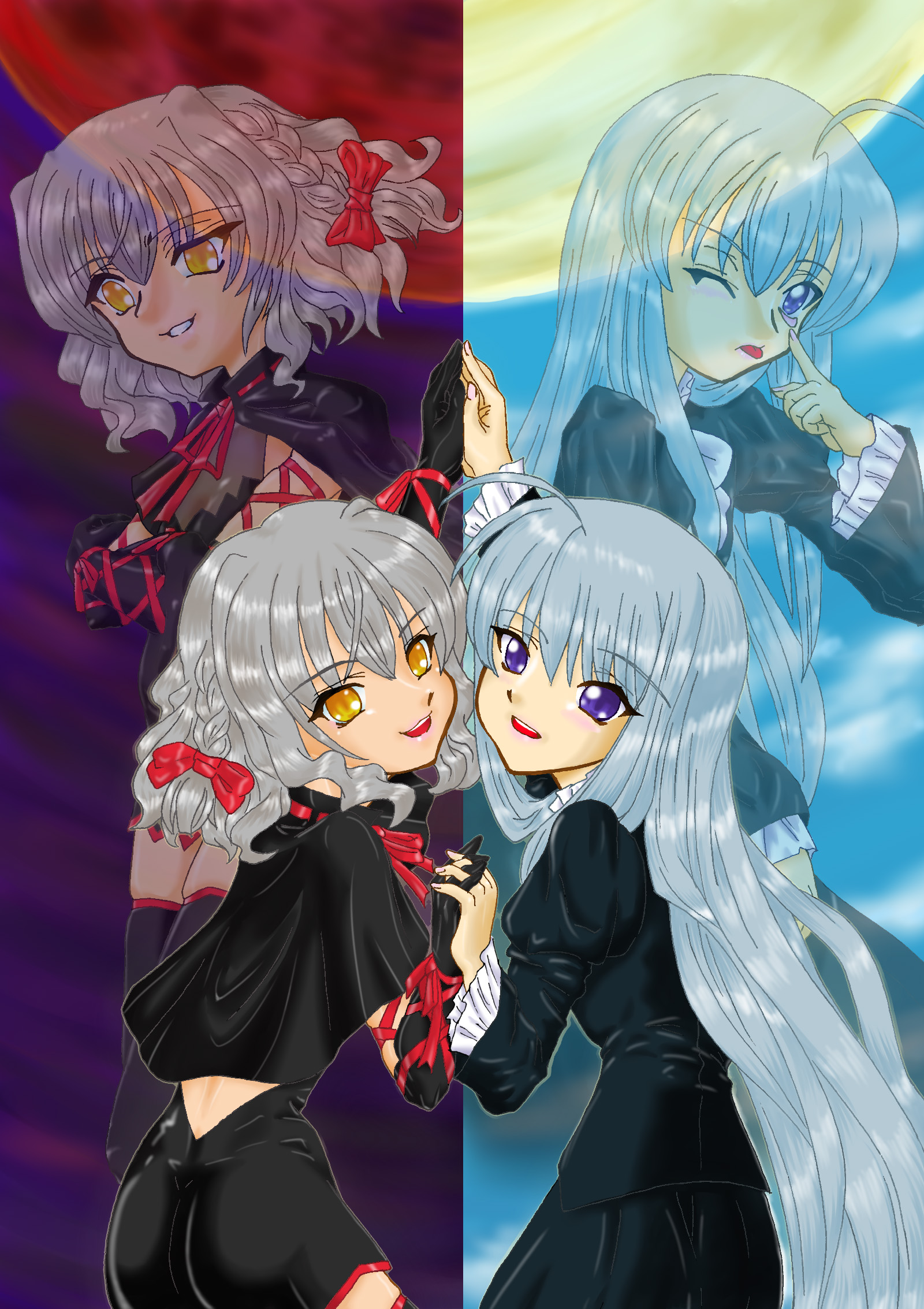 anzelotte, bell zephyr, night wizard, silver hair, highres, 00s, 2girls, ahoge, blue eyes, blue hair, braid, cape, dress, dual persona, frills, gloves, holding hands, long hair, moon, multiple girls, ribbon, short hair, smile, thighhighs, wink, yellow eyes, zettai ryouiki