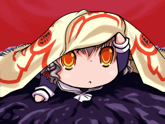 akamanbou, bell zephyr, gake no ue no ponyo, night wizard, silver hair, 00s, 1girl, blanket, chibi, female focus, orange eyes, school uniform, serafuku, solo, under covers