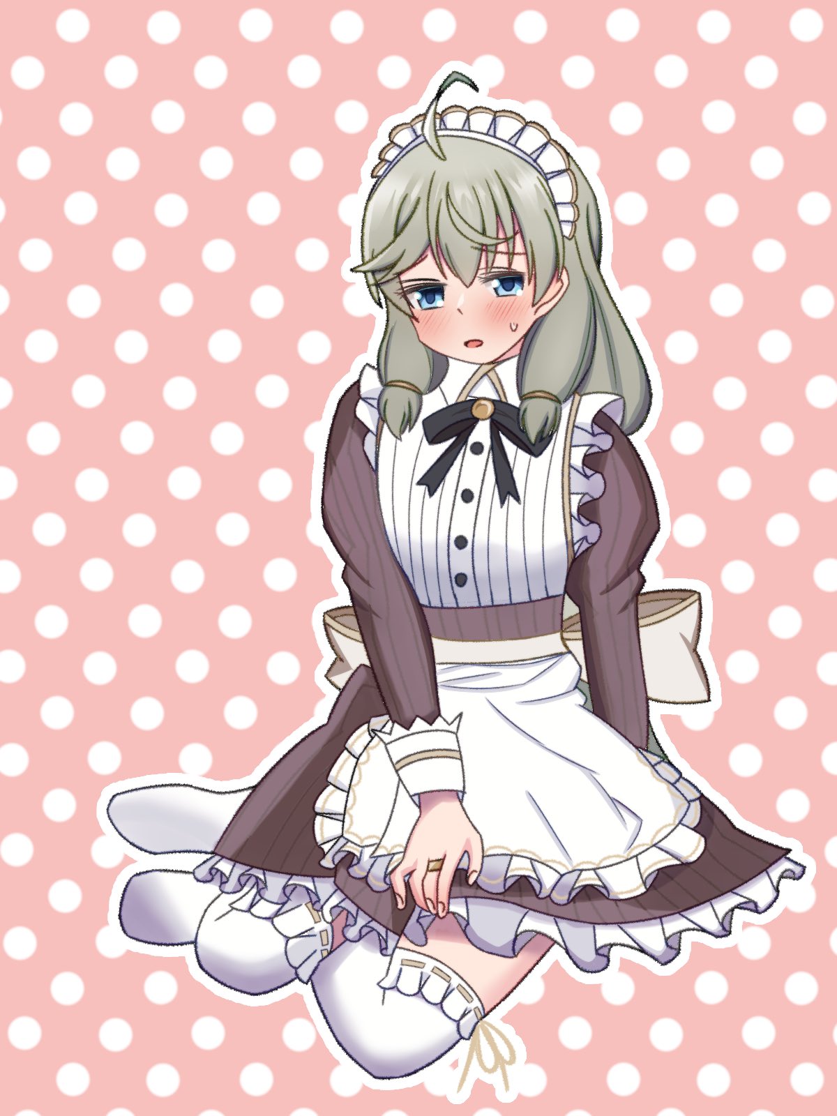 puru (pru azucena), egawa kusumi, kanabako misora, assault lily, commentary request, highres, 1girl, ahoge, apron, black ribbon, blue eyes, blush, brown dress, buttons, collared dress, cosplay, dress, egawa kusumi (cosplay), frilled apron, frilled thighhighs, frills, full body, grey hair, jewelry, juliet sleeves, long hair, long sleeves, looking at viewer, maid, maid headdress, neck ribbon, no shoes, outline, parted lips, pink background, polka dot, puffy sleeves, raised eyebrows, ribbon, ribbon-trimmed thighhighs, ribbon trim, ring, sitting, solo, striped clothes, striped dress, sweatdrop, thighhighs, two-tone dress, vertical-striped clothes, vertical-striped dress, waist apron, white apron, white dress, white outline, white thighhighs, yokozuwari