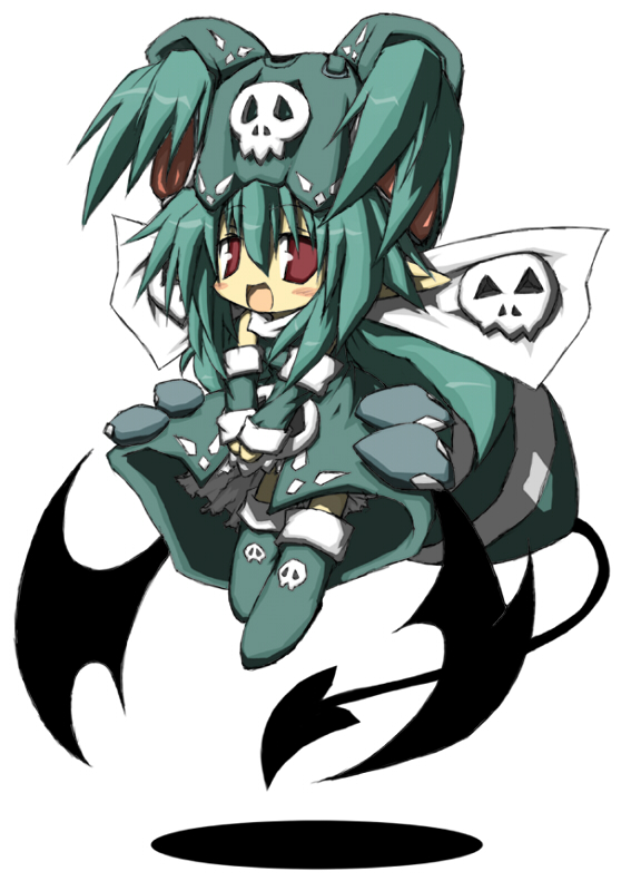 haetorisou, original, 1girl, aqua hair, blush, borrowed character, chibi, child, dress, female focus, red hair, scarf, skull, solo, tail, wings