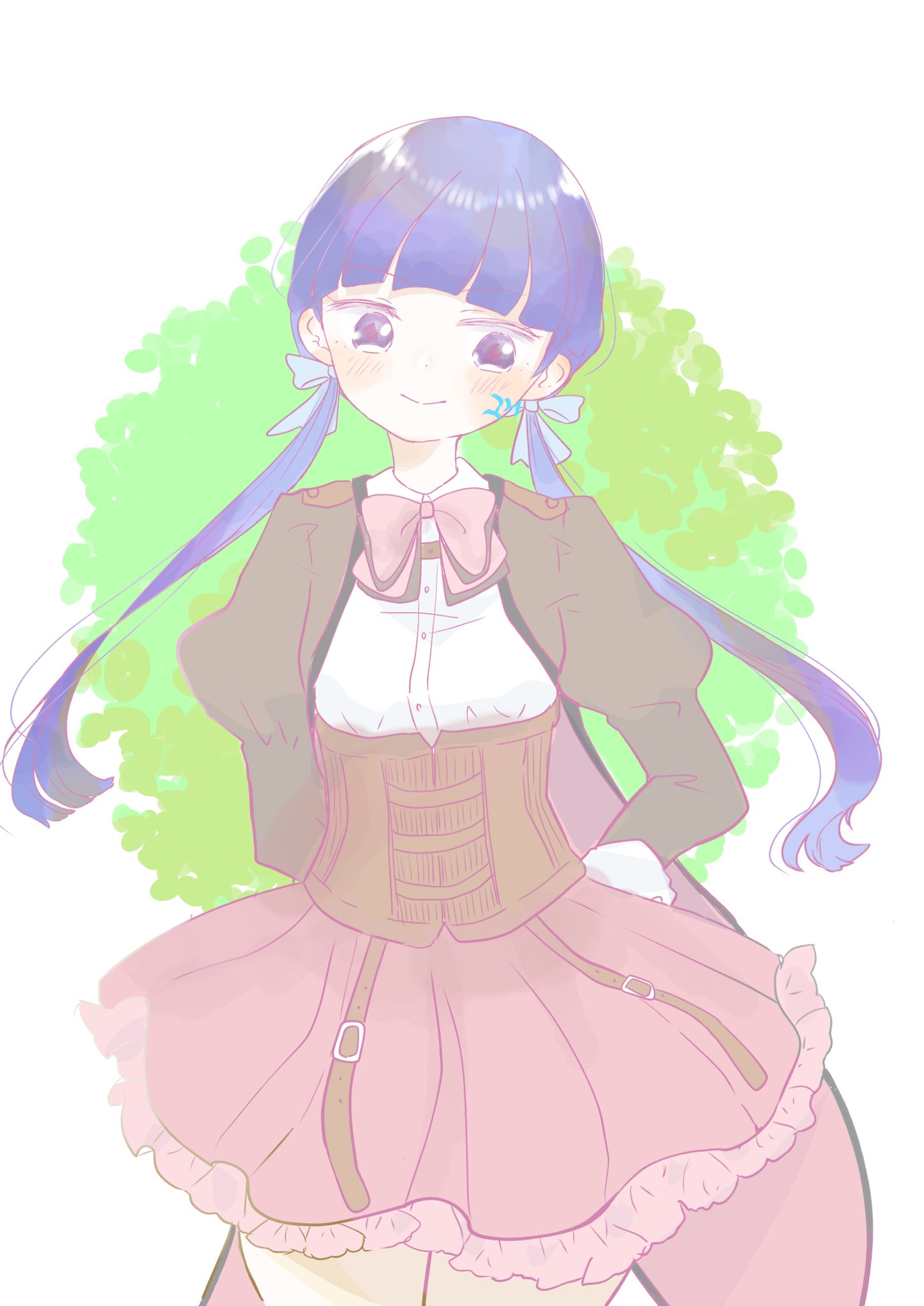 fumi (fumifumi3axl), seto veronica ichika, assault lily, commentary request, highres, 1girl, arms behind back, artist name, blue bow, blunt bangs, blush, bow, bowtie, brown jacket, closed mouth, coattails, collared shirt, corset, cowboy shot, frilled skirt, frills, green background, hair bow, jacket, juliet sleeves, long hair, long sleeves, looking at viewer, low twintails, ludvico private girls' academy school uniform, miniskirt, open clothes, open jacket, pink bow, pink bowtie, pink skirt, puffy sleeves, purple eyes, purple hair, school uniform, shirt, skirt, smile, solo, standing, twintails, two-tone background, underbust, white background, white shirt