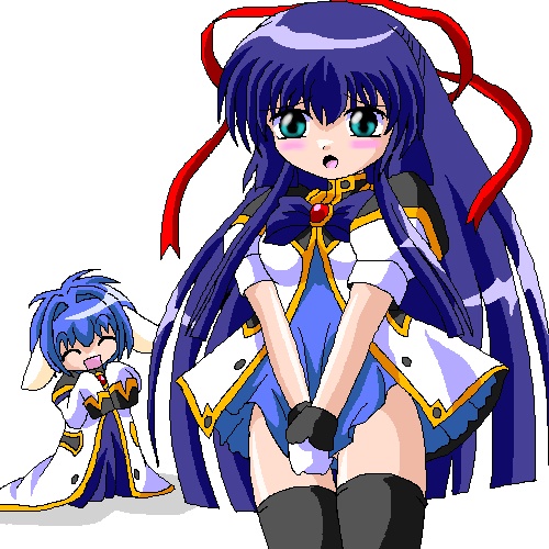 imai kazunari, karasuma chitose, mint blancmanche, galaxy angel, lowres, non-web source, 2girls, animal ears, aqua eyes, blue hair, blue skirt, blush, closed eyes, cosplay, costume switch, embarrassed, half updo, karasuma chitose (cosplay), military, military uniform, mint blancmanche (cosplay), multiple girls, oversized clothes, short hair, skirt, thighhighs