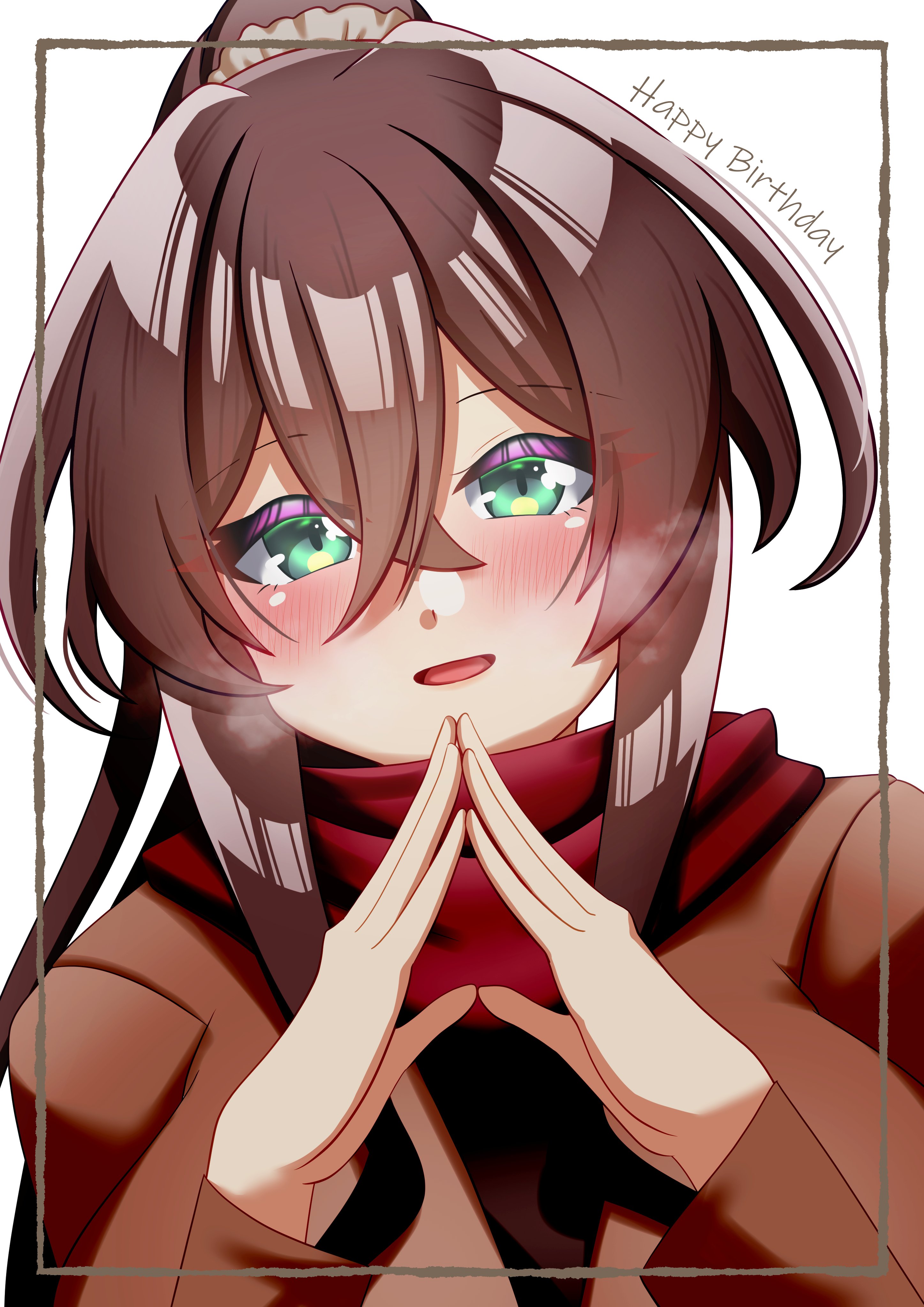 mikan (pozimikan), serizawa chikaru, assault lily, absurdres, commentary request, highres, 1girl, blush, breath, brown hair, brown jacket, crossed bangs, green eyes, hair between eyes, happy birthday, high ponytail, inset border, jacket, long bangs, long hair, long sleeves, looking at viewer, parted lips, ponytail, red scarf, scarf, sidelocks, simple background, smile, solo, upper body, white background