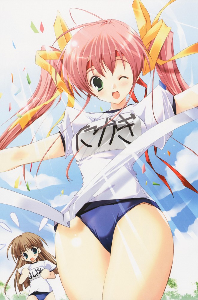 mikeou, non-web source, 2girls, brown hair, buruma, confetti, green eyes, gym uniform, headband, long hair, multiple girls, one eye closed, pink hair, twintails, wink