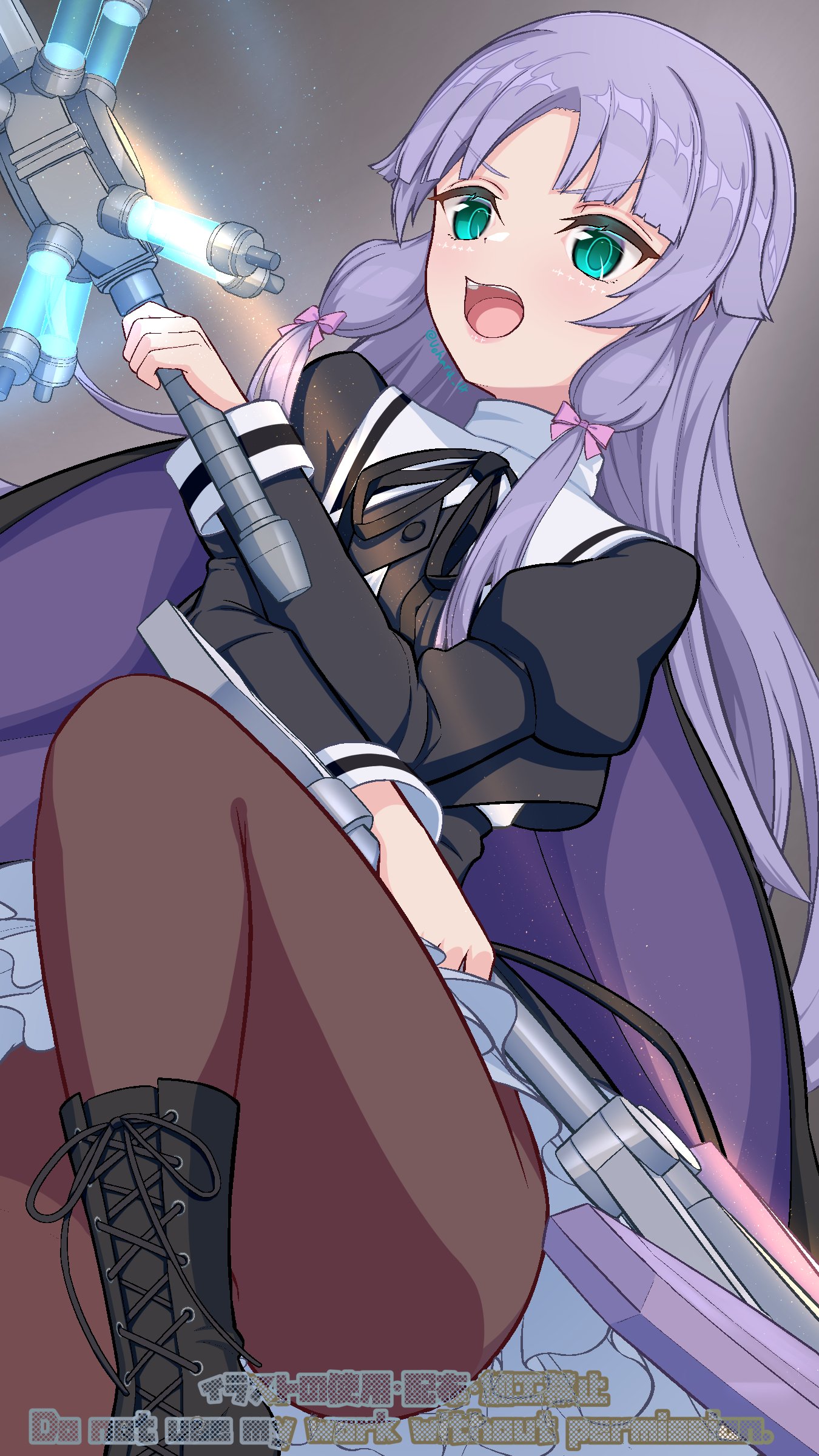 ueharu, banshouya ena, assault lily, absurdres, commentary request, highres, 1girl, aqua eyes, black boots, black cape, black ribbon, black skirt, boots, bow, brown pantyhose, cape, convenient leg, cowboy shot, cropped jacket, dual wielding, frilled skirt, frills, from behind, gradient background, grey background, hair bow, high-waist skirt, holding, holding weapon, juliet sleeves, lace-up boots, leg up, light particles, long hair, long sleeves, looking at viewer, low-tied sidelocks, neck ribbon, open mouth, pantyhose, parted bangs, pink bow, puffy sleeves, purple cape, purple hair, ribbon, school uniform, sidelocks, skirt, solo, standing, standing on one leg, teeth, two-sided cape, two-sided fabric, upper teeth only, upskirt, v-shaped eyebrows, watermark, weapon, yurigaoka girls academy school uniform