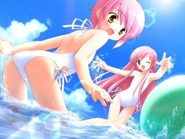 gayarou, kousaka alice, kousaka maria, suigetsu, game cg, non-web source, 2girls, ass, ball, beachball, blush, brown eyes, cloud, collarbone, dutch angle, flat chest, leaning forward, lens flare, long hair, multiple girls, ocean, one-piece swimsuit, one eye closed, open mouth, pink hair, short hair, siblings, sisters, sky, smile, splashing, standing, swimsuit, twins, water, white one-piece swimsuit, wink