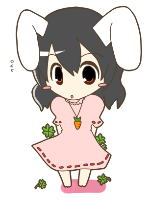 hida (artist), inaba tewi, touhou, bad id, bad pixiv id, lowres, 1girl, animal ears, barefoot, black hair, chibi, clover, dress, female focus, four-leaf clover, jewelry, pendant, rabbit ears, solo, white background