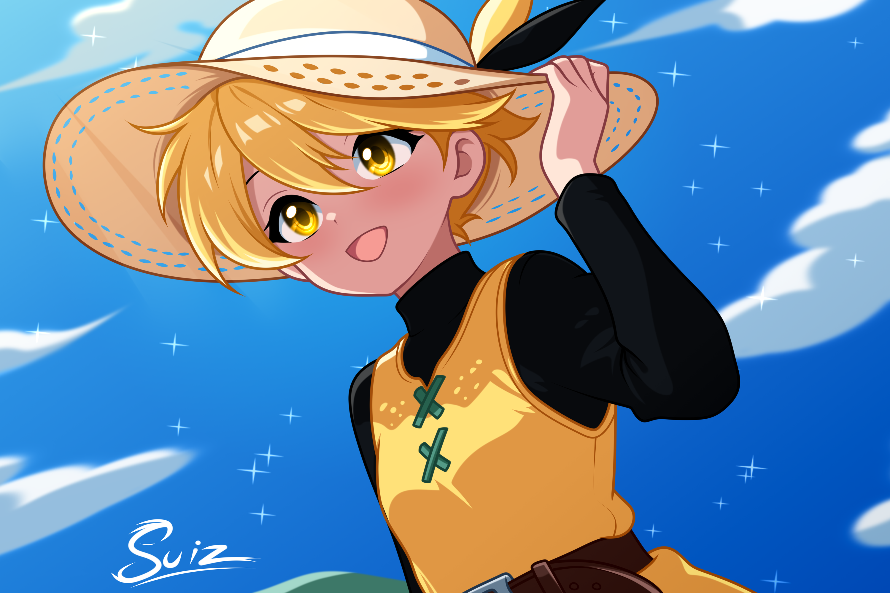 su1zide, yellow (pokemon), nintendo, pokemon, pokemon adventures, highres, 1girl, :d, belt, black shirt, blonde hair, blue sky, brown belt, brown hat, cloud, hair between eyes, hat, long sleeves, open mouth, shirt, short hair, sky, smile, solo, tunic, upper body, yellow eyes, yellow tunic