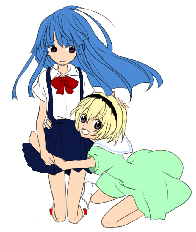 erino, risana, furude rika, houjou satoko, higurashi no naku koro ni, colorized, 00s, 2girls, :o, blonde hair, blue hair, dress, green skirt, hug, long hair, multiple girls, ribbon, sailor dress, short hair, skirt, suspender skirt, suspenders
