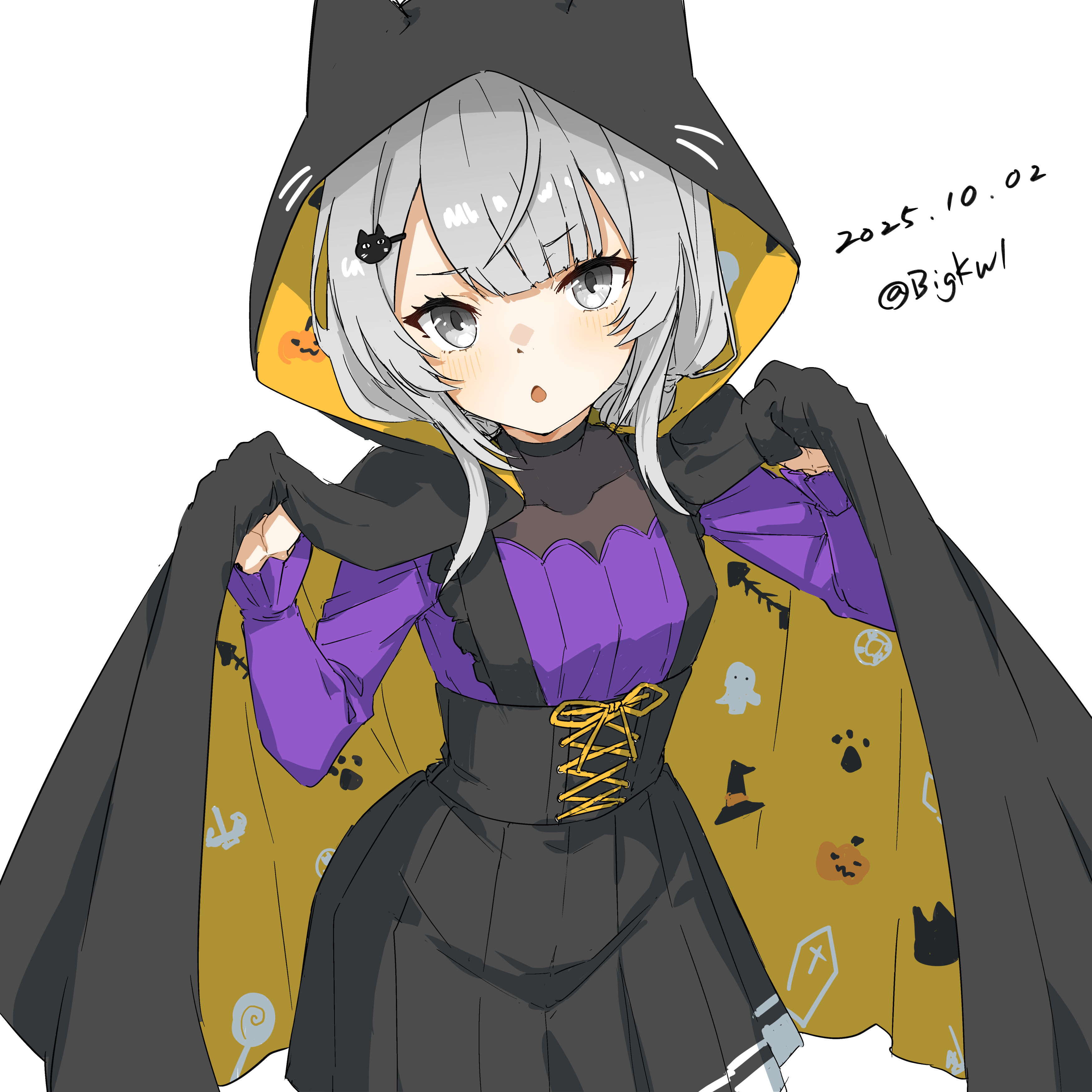 bigkwl, i-201 (halloween) (kancolle), i-201 (kancolle), kantai collection, absurdres, highres, 1girl, breasts, cape, cowboy shot, dated, dress, grey eyes, grey hair, hair between eyes, hair ornament, hood, long hair, looking at viewer, official alternate costume, small breasts, twitter username