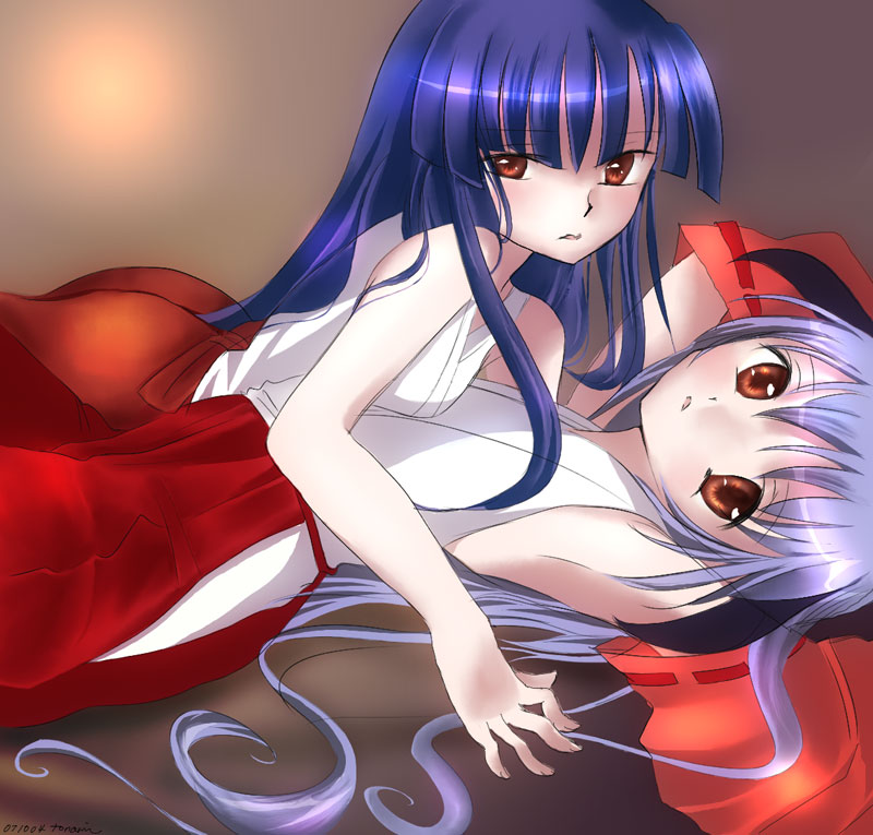 tonami, furude rika, hanyuu, higurashi no naku koro ni, silver hair, bad id, bad pixiv id, 00s, 2girls, armpits, blue hair, brown eyes, hakama, hakama skirt, horns, japanese clothes, long hair, miko, multiple girls, red hakama, skirt, yuri