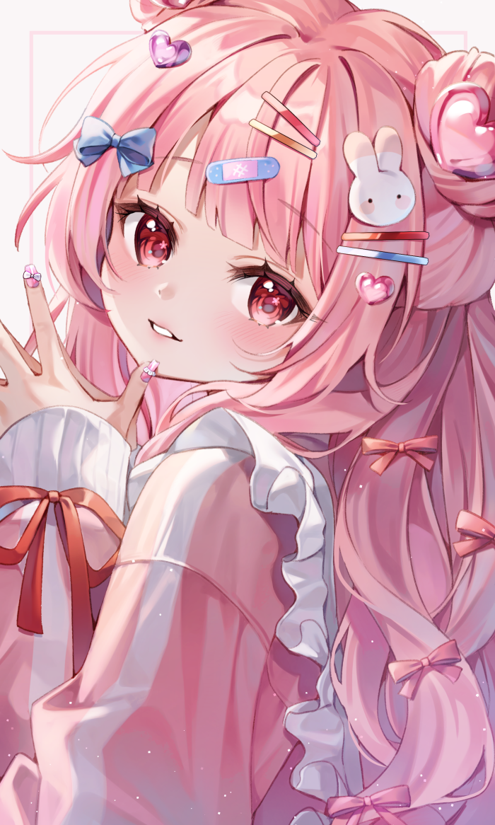 chyoling, original, commentary request, 1girl, blue bow, bow, double bun, flower in eye, from side, grey background, hair bow, hair bun, hair ornament, hairclip, hand up, heart, heart hair ornament, jacket, long hair, long sleeves, looking at viewer, looking to the side, nail polish, pink hair, pink jacket, pink nails, puffy long sleeves, puffy sleeves, rabbit hair ornament, red eyes, solo, steepled fingers, symbol in eye, upper body