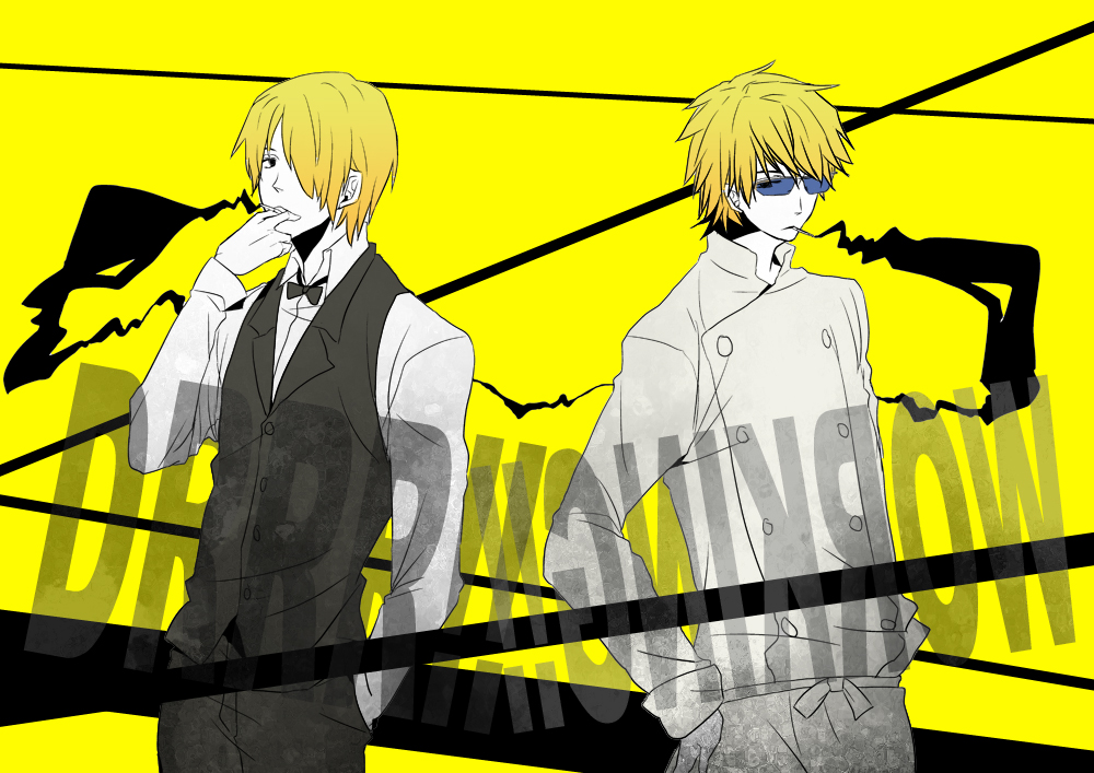 heiwajima shizuo, ono daisuke, satou jun, durarara!!, working!!, 2boys, black bow, black bowtie, blonde hair, blue-framed eyewear, bow, bowtie, chef, cigar, cosplay, costume switch, crossover, multiple boys, natsusemi, smoking, voice actor connection, yellow background, yellow theme
