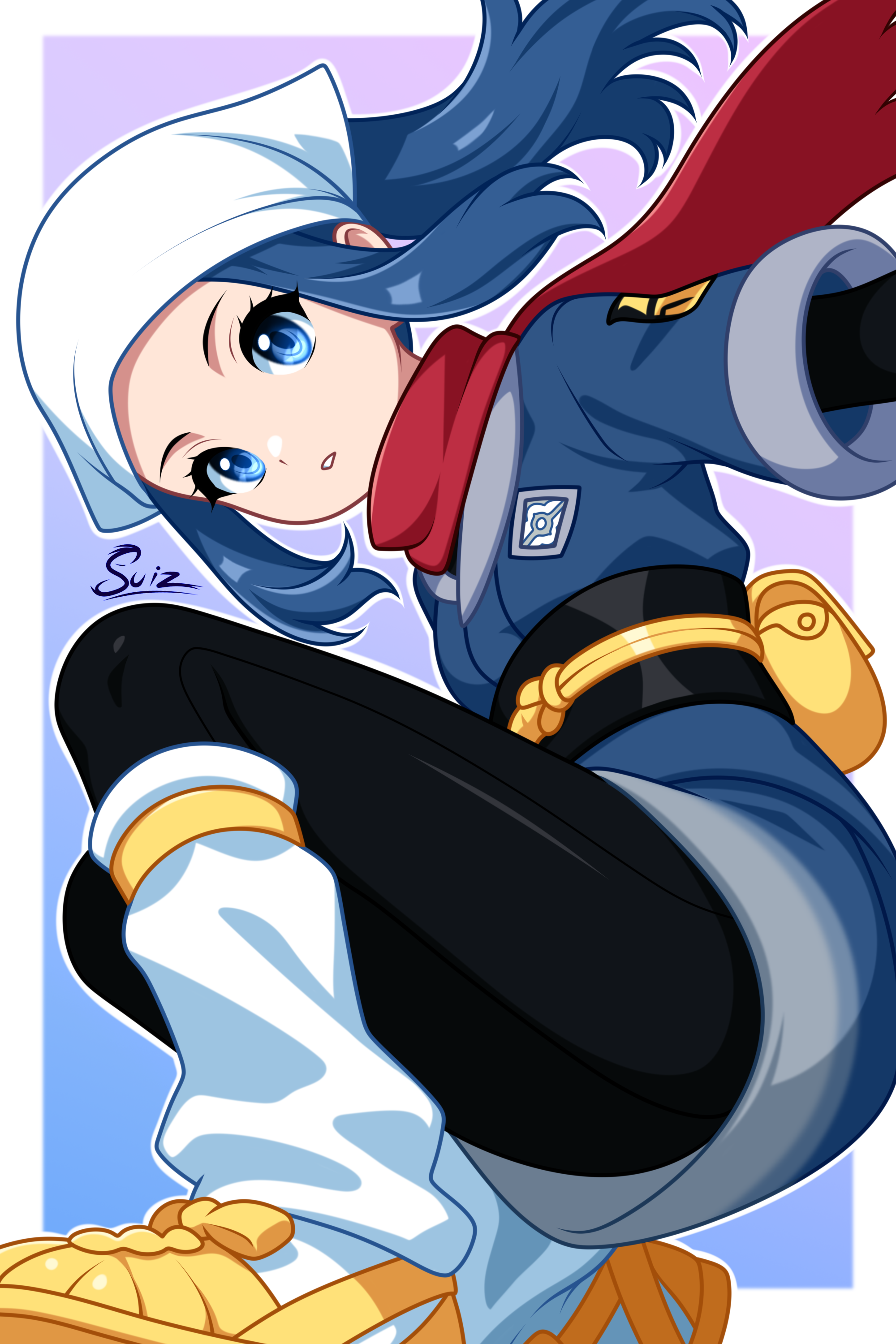 su1zide, akari (pokemon), nintendo, pokemon, pokemon legends: arceus, absurdres, highres, 1girl, artist name, black pants, blue eyes, blue hair, border, galaxy expedition team survey corps uniform, long hair, looking at viewer, outline, outside border, pants, parted lips, ponytail, purple background, red scarf, scarf, socks, solo, white border, white outline, white socks
