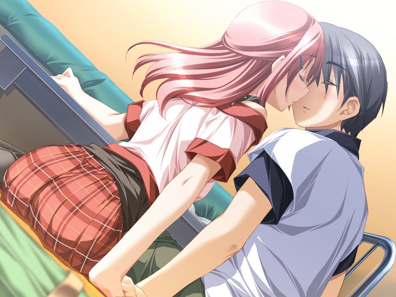 kurashima tomoyasu, wakamiya asuka, ashita no kimi to au tame ni, game cg, 1boy, 1girl, ass, blush, closed eyes, desk, hetero, holding hands, kiss, pink hair, plaid clothes, plaid skirt, skirt