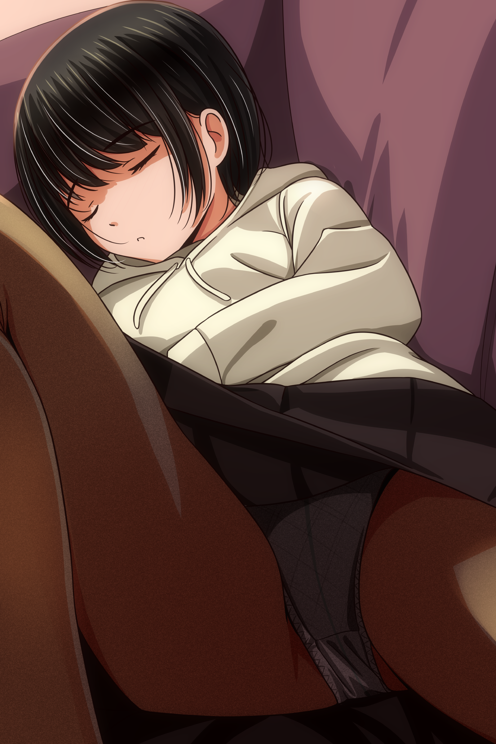 matsunaga kouyou, original, absurdres, commentary request, highres, 1girl, black hair, closed eyes, hood, hoodie, panties, panties under pantyhose, pantyhose, skirt, sleeping, solo, underwear