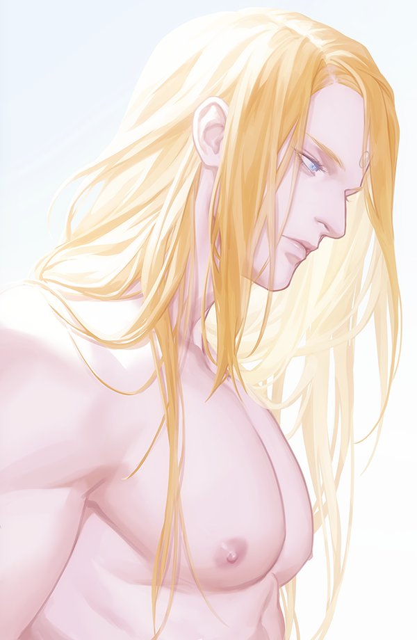 zhyphenth, zenos yae galvus, final fantasy, final fantasy xiv, commentary, english commentary, 1boy, aquiline nose, blonde hair, blue eyes, closed mouth, from side, lips, long hair, looking down, male focus, nipples, nose, nude, pectorals, profile, simple background, solo, white background