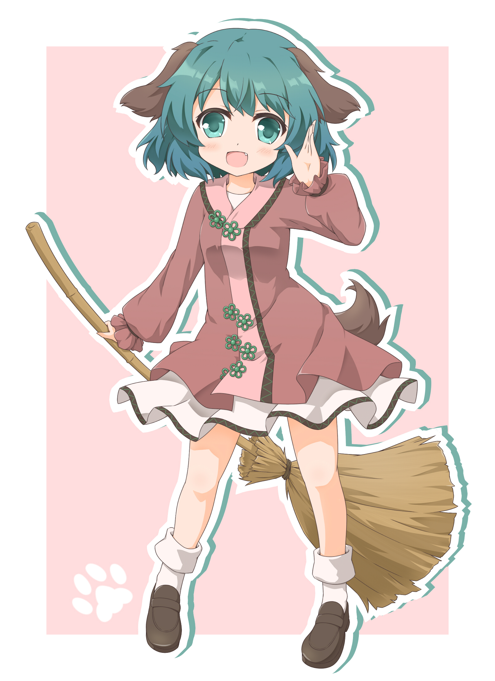 shino megumi, kasodani kyouko, touhou, commentary request, highres, 1girl, :d, animal ears, black shoes, blue eyes, blue hair, bobby socks, border, broom, brown jacket, dog ears, dog girl, dog tail, drop shadow, fang, full body, hand up, holding, holding broom, jacket, loafers, long sleeves, looking at viewer, open mouth, outline, pink background, pleated skirt, puffy long sleeves, puffy sleeves, shoes, skirt, sleeves past wrists, smile, socks, solo, standing, tail, white border, white outline, white skirt, white socks
