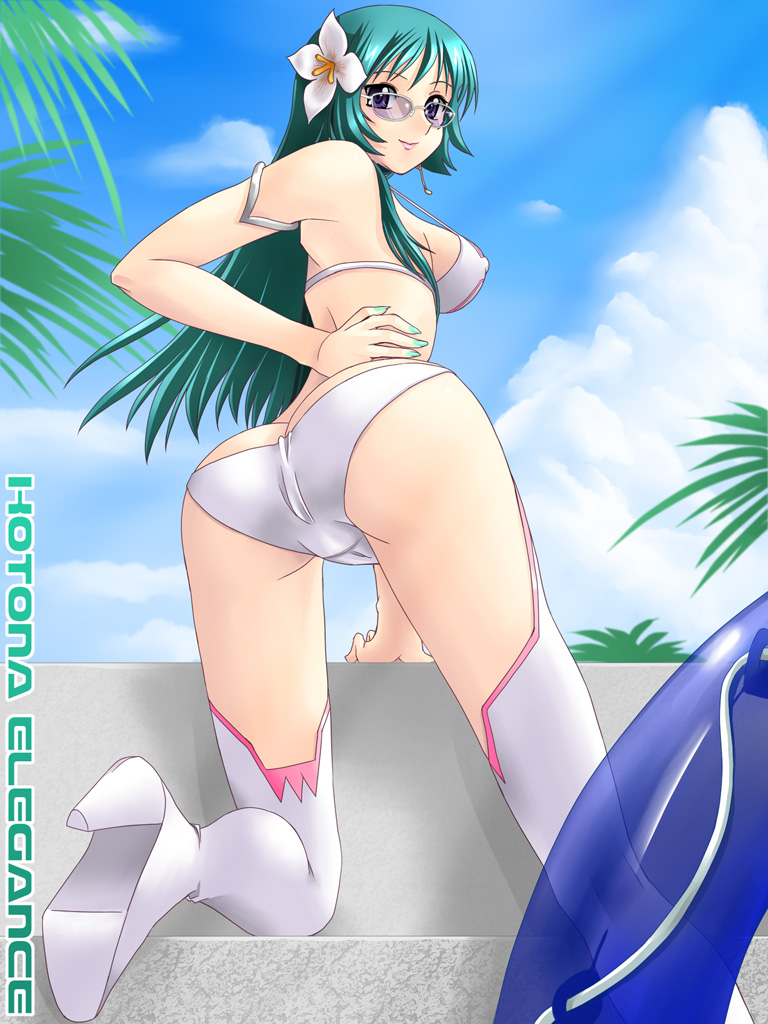 yaso shigeru, kotona elegance, zoids, zoids genesis, 00s, 1girl, ass, bikini, boots, day, female focus, flower, green hair, innertube, long hair, purple eyes, solo, sunglasses, swim ring, swimsuit, white bikini, white boots