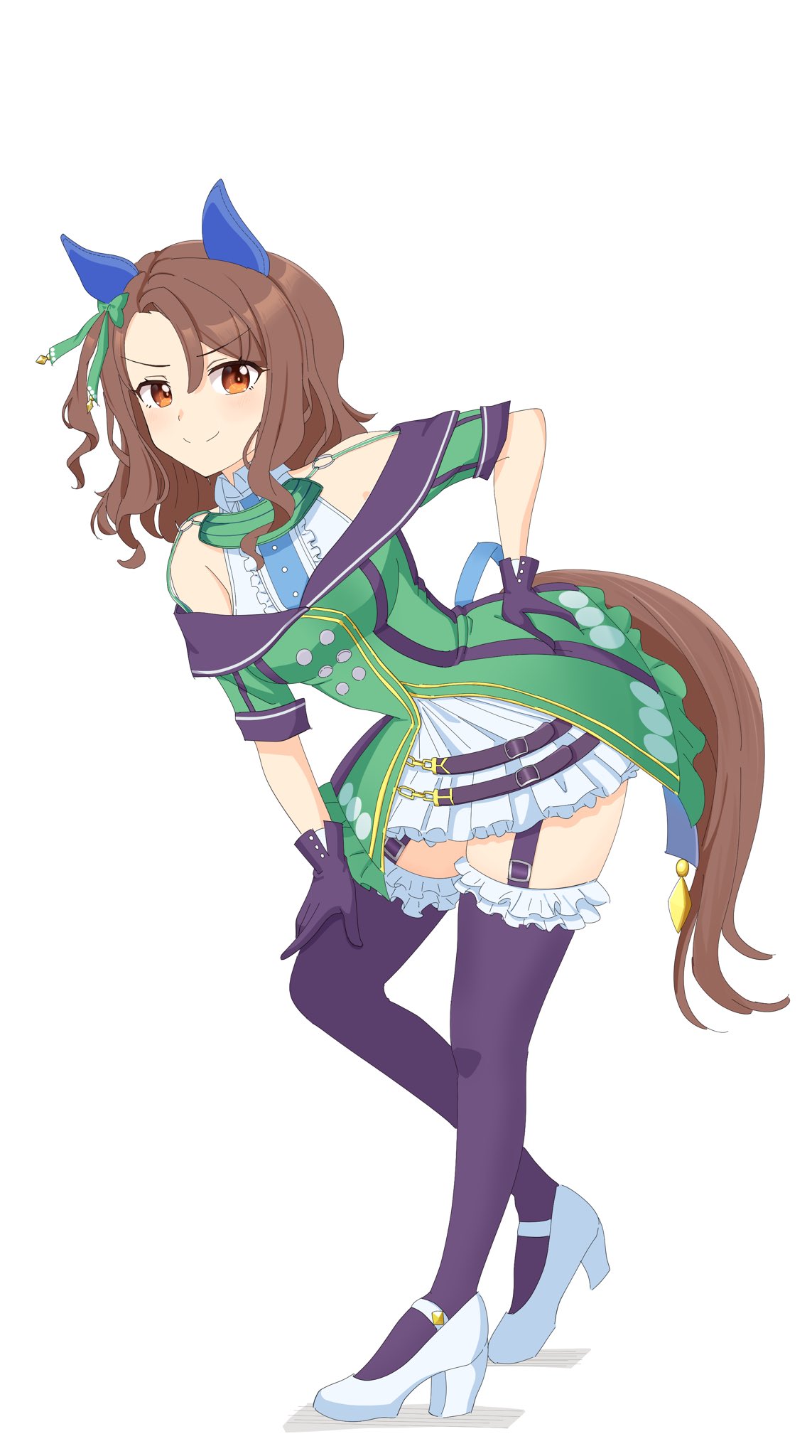 meze meze, king halo (king of emeralds) (umamusume), king halo (umamusume), umamusume, highres, 1girl, animal ears, black gloves, black thighhighs, brown hair, dress, ear covers, frilled thighhighs, frills, full body, gloves, green dress, horse ears, horse girl, horse tail, orange eyes, simple background, smile, solo, tail, thigh strap, thighhighs, white background