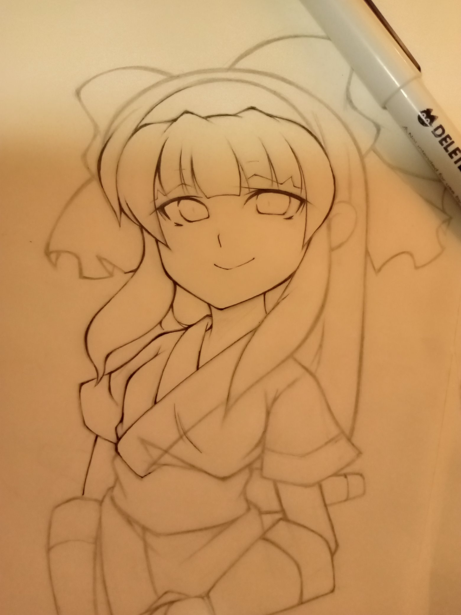 nakoruru, samurai spirits, snk, the king of fighters, traditional media, 1girl, ainu clothes, breasts, fingerless gloves, gloves, hair ribbon, long hair, looking at viewer, monochrome, ribbon, sketch, small breasts, smile, weapon