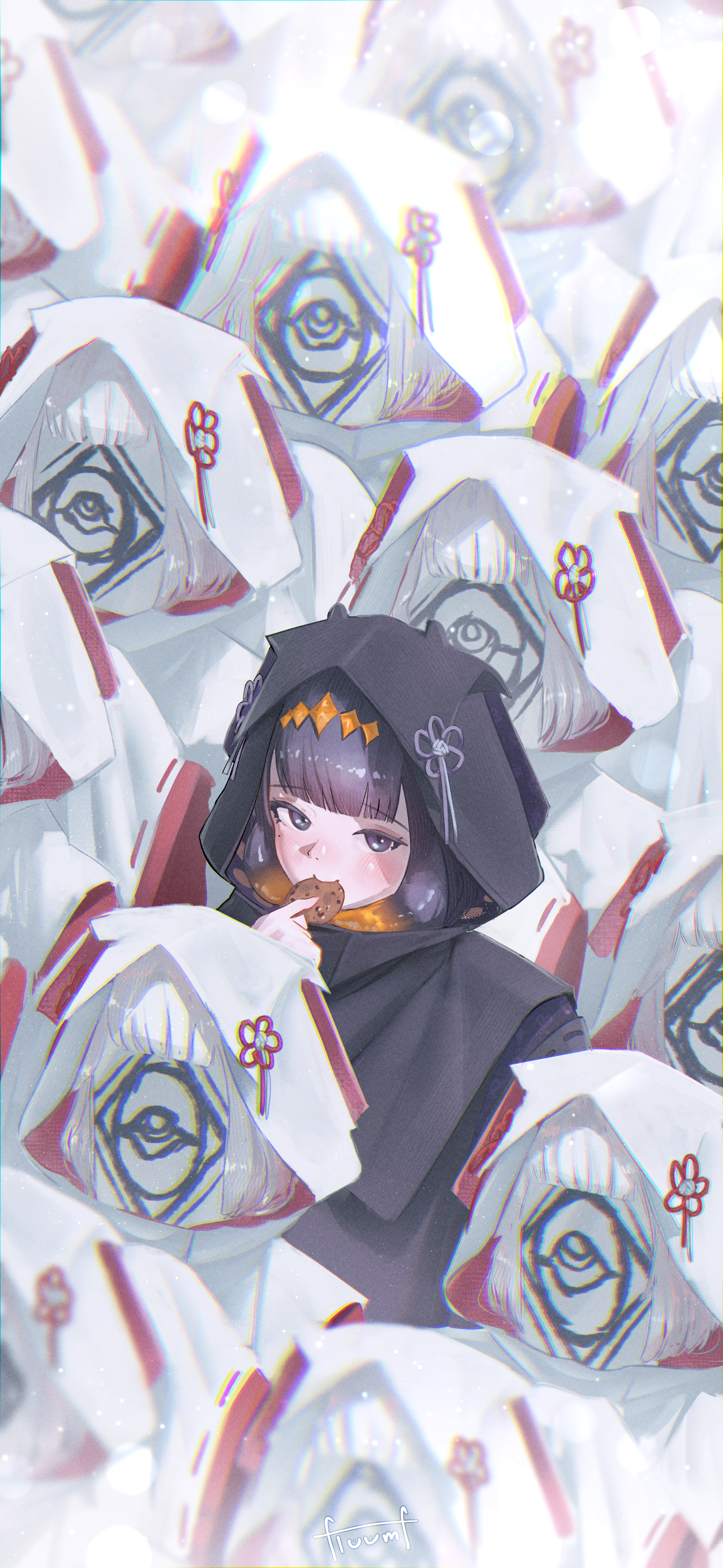 floomf, ninomae ina'nis, wahtcher (ninomae ina'nis), hololive, hololive english, absurdres, commentary, highres, 1girl, black cloak, blunt bangs, cloak, cookie, eating, food, food in mouth, from above, gradient hair, hood, hood up, hooded cloak, japanese clothes, looking at viewer, multicolored hair, multiple others, orange hair, paper on head, purple eyes, purple hair, short hair, sidelocks, tentacle hair, virtual youtuber, white hair