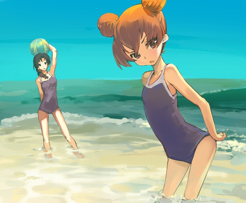 itachi (3dt), aisaka taiga, kawashima ami, toradora!, 00s, 2girls, ball, beach, competition school swimsuit, day, multiple girls, one-piece swimsuit, school swimsuit, swimsuit