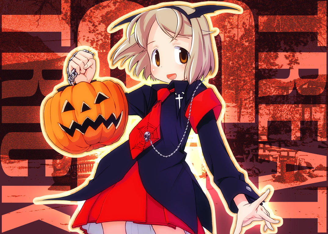 nagatsuki misoka, home room, original, 1girl, blonde hair, brown eyes, chain, cross, female focus, halloween, jack-o'-lantern, necktie, pumpkin, short hair, skirt, solo, trick or treat