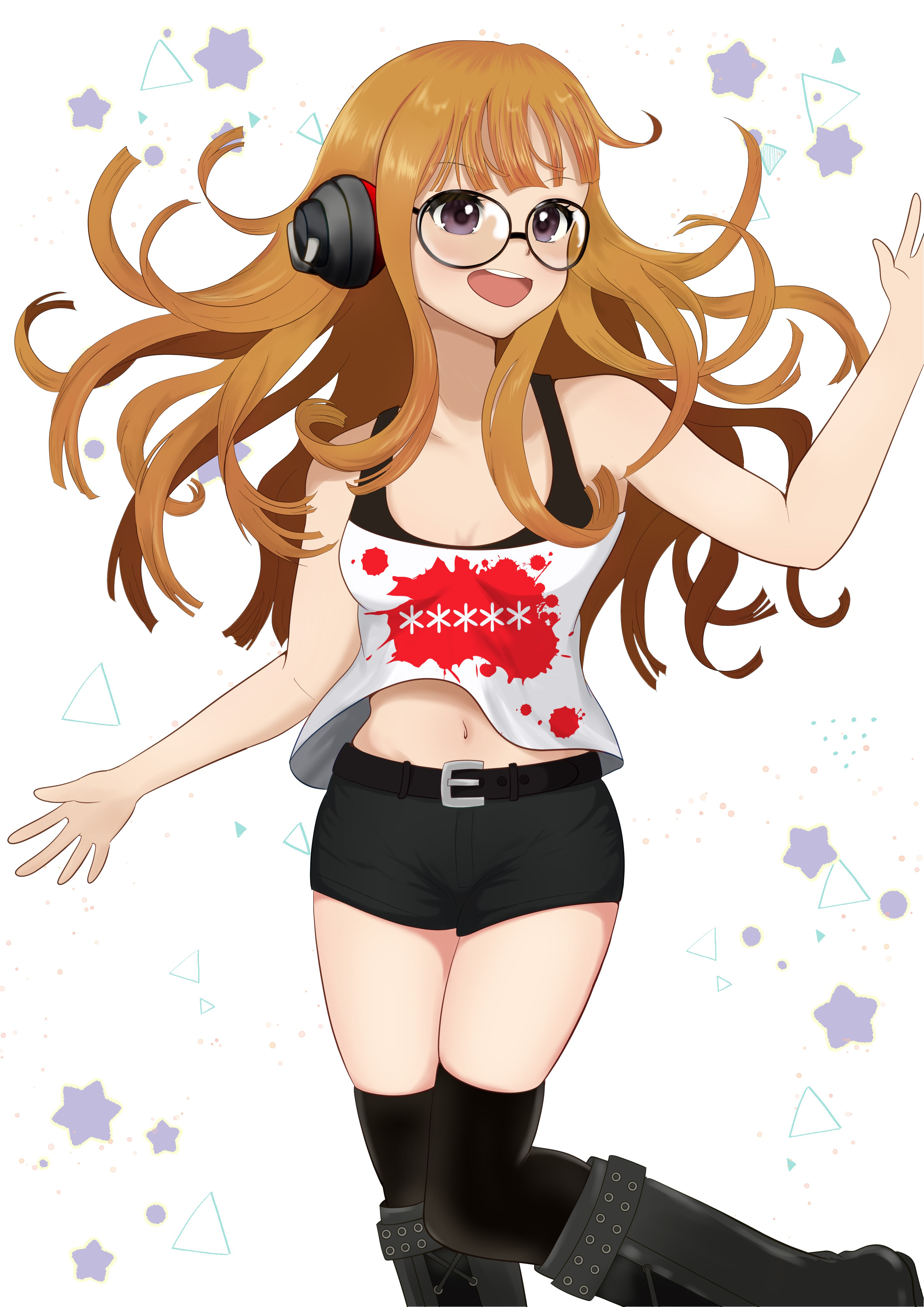 sakura futaba, persona, persona 5, absurdres, highres, 1girl, :d, arm up, behind-the-head headphones, belt, black-framed eyewear, black belt, black boots, black shorts, black tank top, black thighhighs, boots, breasts, brown hair, crop top, floating hair, glasses, headphones, long hair, navel, no jacket, open hands, open mouth, orange hair, purple eyes, shirt, short shorts, shorts, small breasts, smile, solo, star (symbol), tank top, thighhighs, thighs, very long hair, wavy hair, white background, white shirt, wing223s