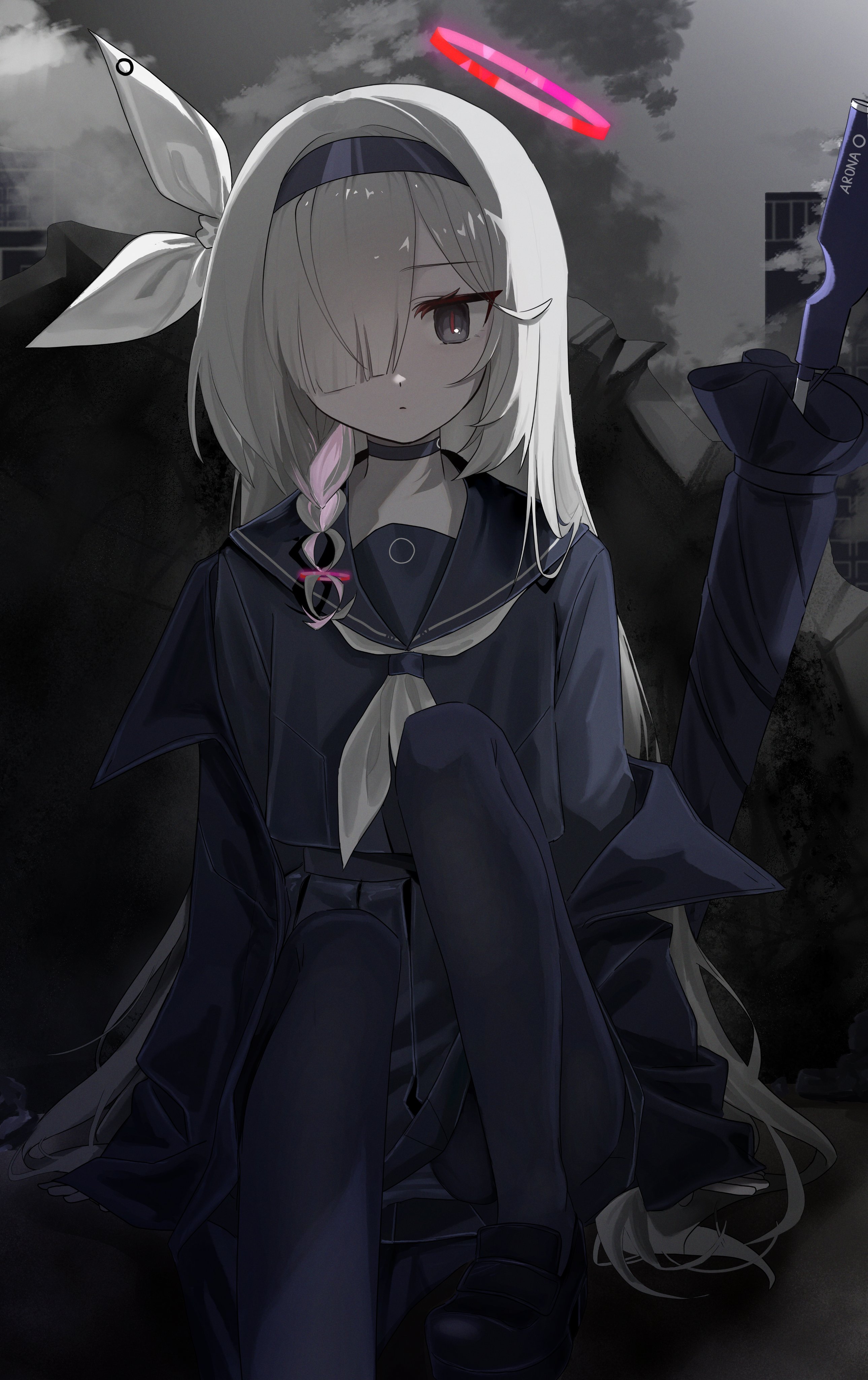 koa0932, plana (blue archive), blue archive, absurdres, commentary, highres, 1girl, black choker, black coat, black eyes, black hairband, black jacket, black pantyhose, black sailor collar, black serafuku, black shoes, braid, building, choker, closed mouth, cloud, coat, hair over one eye, hairband, halo, jacket, jacket partially removed, long hair, long sleeves, looking at viewer, monochrome background, neckerchief, outdoors, panties, pantyhose, pantyshot, pink halo, red halo, red pupils, ribbon, sailor collar, school uniform, serafuku, shoes, single braid, sitting, sky, skyscraper, solo, striped clothes, striped panties, umbrella gun, underwear, very long hair, white hair, white neckerchief, white ribbon