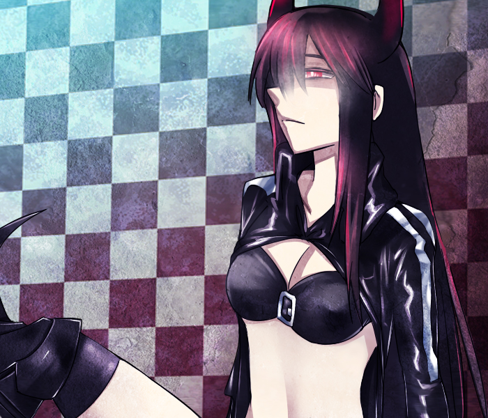 dos (james30226), black gold saw, black rock shooter, 1girl, armored boots, bikini, bikini top only, black jacket, boots, horns, jacket, long hair, pale skin, red eyes, red hair, red horns, swimsuit