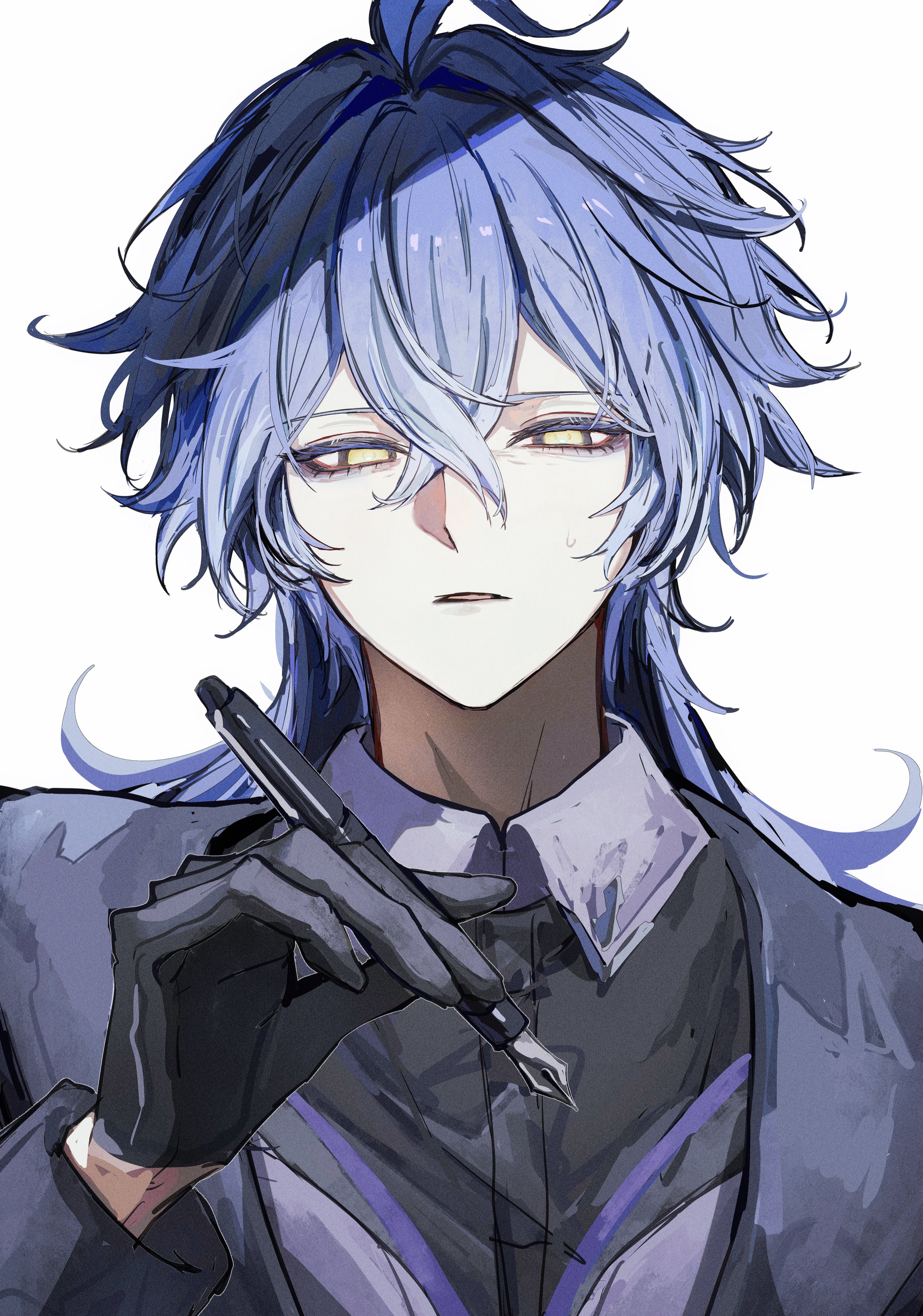 koumimi, flins (genshin impact), genshin impact, absurdres, commentary request, highres, 1boy, antenna hair, arm up, black gloves, black jacket, blue hair, collared shirt, crossed bangs, double-parted bangs, empty eyes, gloves, holding, holding pen, jacket, long hair, long sleeves, looking to the side, male focus, open clothes, open jacket, parted lips, pen, shirt, sideways glance, solo, upper body, wing collar, yellow eyes