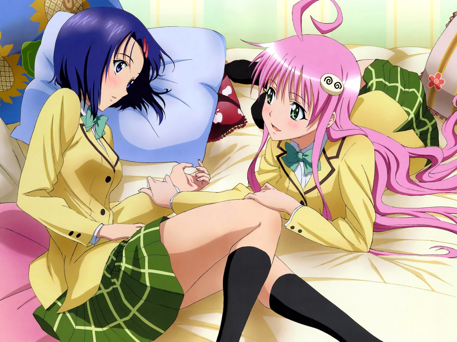 lala satalin deviluke, peke (to love-ru), sairenji haruna, to love-ru, highres, non-web source, 00s, 2girls, bed, blue hair, blush, green eyes, long hair, lying, multiple girls, pillow, pink hair, plaid clothes, plaid skirt, purple eyes, school uniform, short hair, skirt