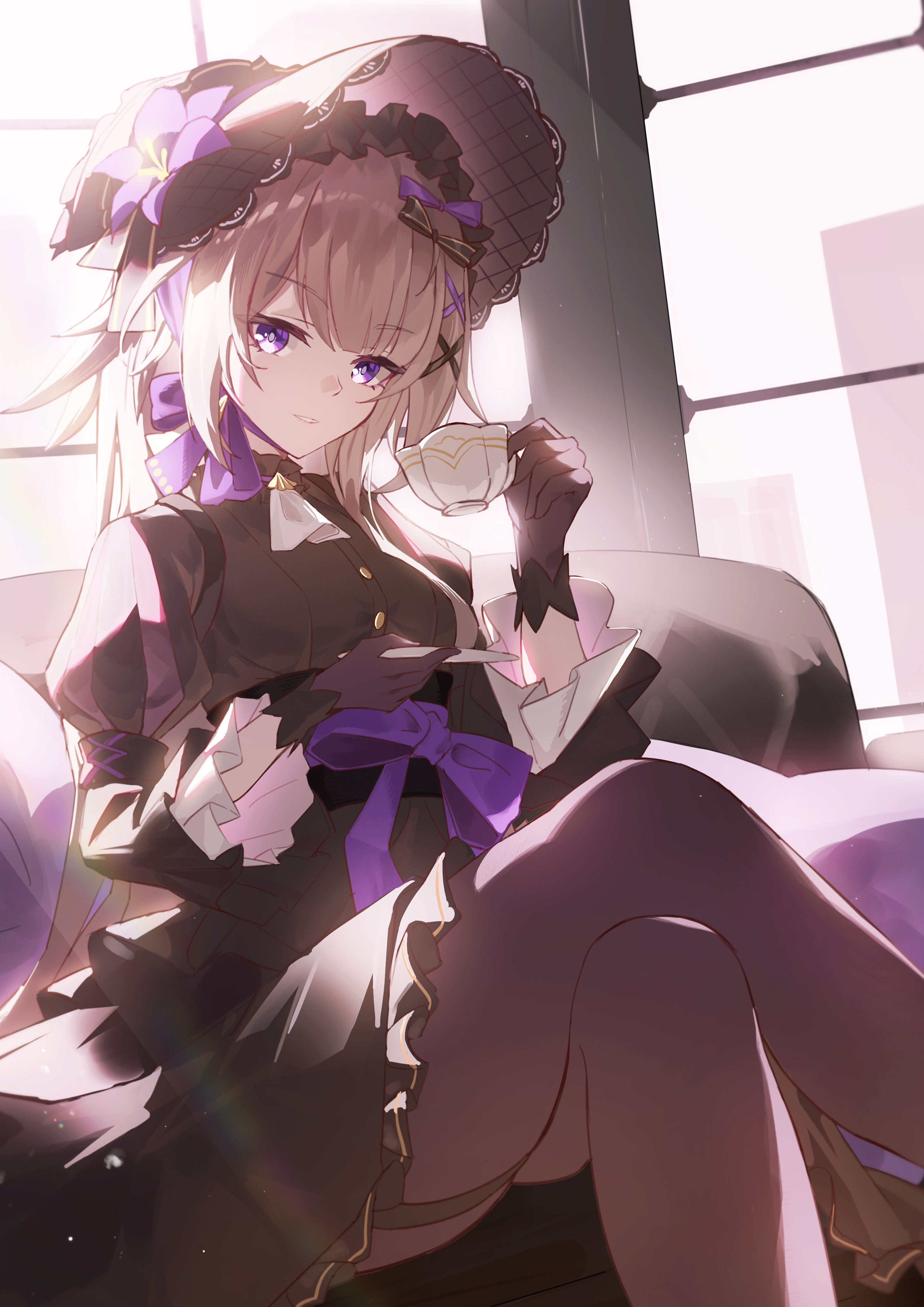 naegi (naegifutaba), herta (honkai: star rail), the herta (honkai: star rail), the herta (tea break) (honkai: star rail), honkai: star rail, honkai (series), absurdres, commentary, highres, 1girl, black dress, black gloves, black hat, black pantyhose, black ribbon, brown hair, crossed legs, cup, dress, feet out of frame, flower, frilled sleeves, frills, gloves, hair ornament, hair ribbon, hand up, hat, hat flower, holding, holding cup, holding saucer, light rays, long hair, long sleeves, looking at viewer, official alternate costume, pantyhose, parted lips, purple eyes, purple flower, purple ribbon, ribbon, saucer, sitting, solo, thigh strap, wide sleeves, window, x hair ornament
