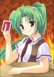 sonozaki mion, higurashi no naku koro ni, lowres, 00s, 1girl, card, female focus, fire, green eyes, green hair, holding, holding card, long hair, matching hair/eyes, solo, table