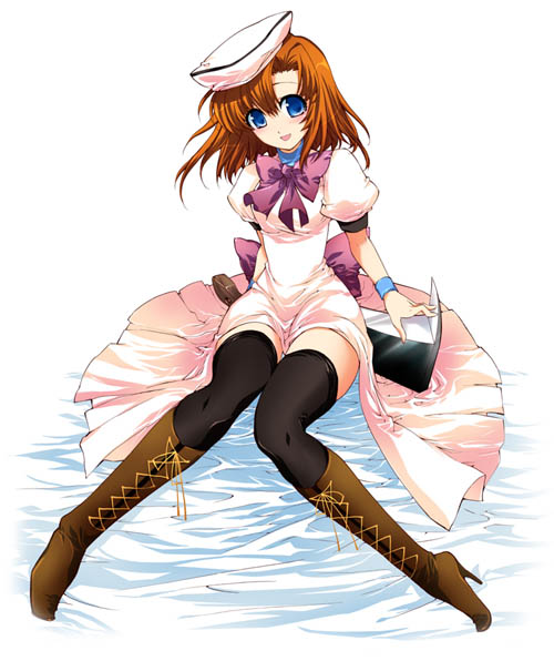 suzuragi karin, ryuuguu rena, higurashi no naku koro ni, non-web source, 00s, 1girl, beret, billhook, blue eyes, boots, dress, female focus, hashitsuki nata, hat, hatchet, high heel boots, high heels, nata (tool), orange hair, short hair, solo, thighhighs, white hat