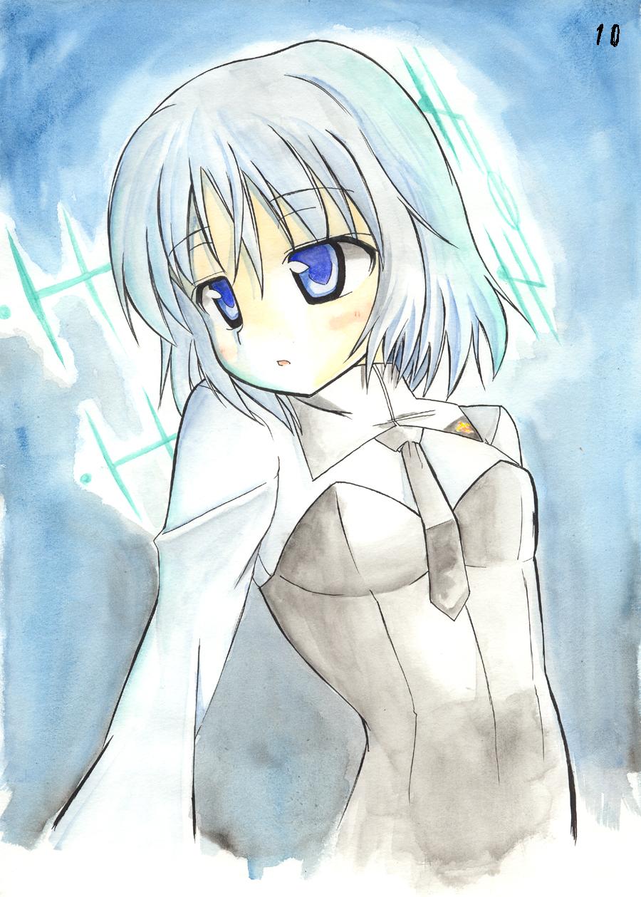 naone shou, sanya v. litvyak, strike witches, world witches series, silver hair, highres, 00s, 1girl, alternate eye color, blue background, blue eyes, expressionless, female focus, looking to the side, military, military uniform, necktie, open mouth, short hair, solo