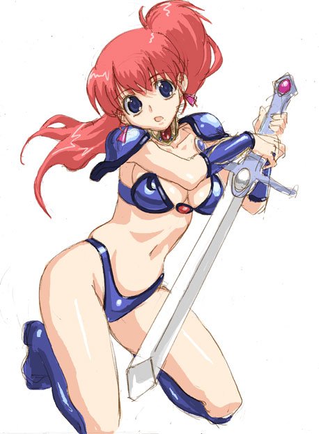 hirose (mokiki), asagiri youko, genmu senki leda, 1980s (style), 1girl, armor, bikini, bikini armor, blue eyes, boots, breasts, choker, female focus, knee boots, kneeling, long hair, oldschool, ponytail, purple bikini, red hair, retro artstyle, small breasts, solo, swimsuit, sword, weapon