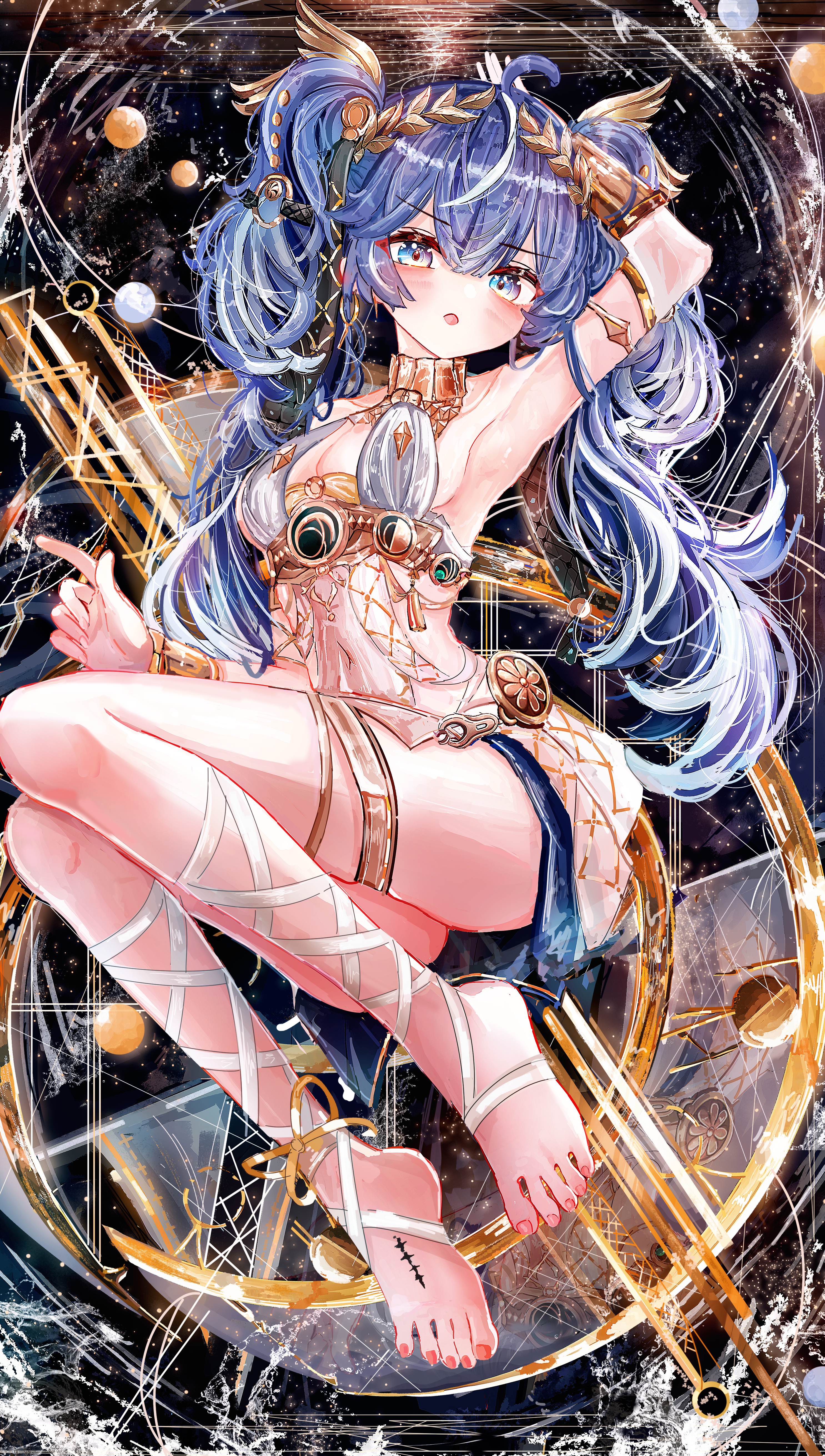 aiu ., iuno (wuthering waves), wuthering waves, absurdres, commentary, highres, md5 mismatch, revision, 1girl, ahoge, ancient greek clothes, arm up, armlet, armpits, bare shoulders, barefoot, black skirt, blue eyes, blue hair, blush, breasts, cleavage, feet, full body, greco-roman clothes, hair belt, jewelry, laurel crown, leg wrap, long hair, looking at viewer, medium breasts, multicolored hair, nail polish, parted lips, skirt, solo, streaked hair, tacet mark (wuthering waves), thighlet, thighs, toenail polish, toenails, toes, twintails, vambraces